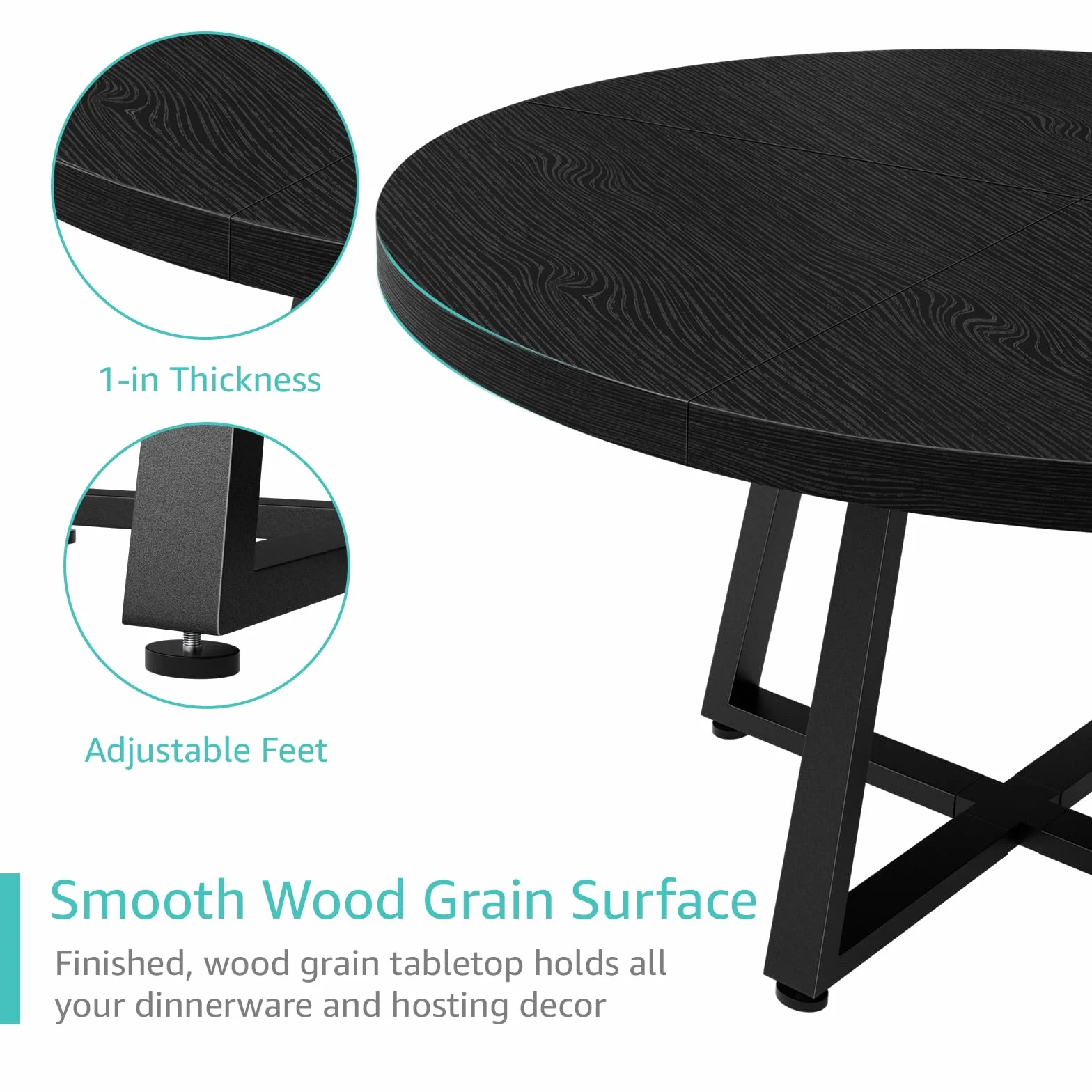 Black Round Dining Table for 6 - Modern Circle 51 Inch Large Room Kitchen Dinning Tables for 4 to 6 Person Seats Small Spaces Wood Dinner Mesa De Comedor Redonda
