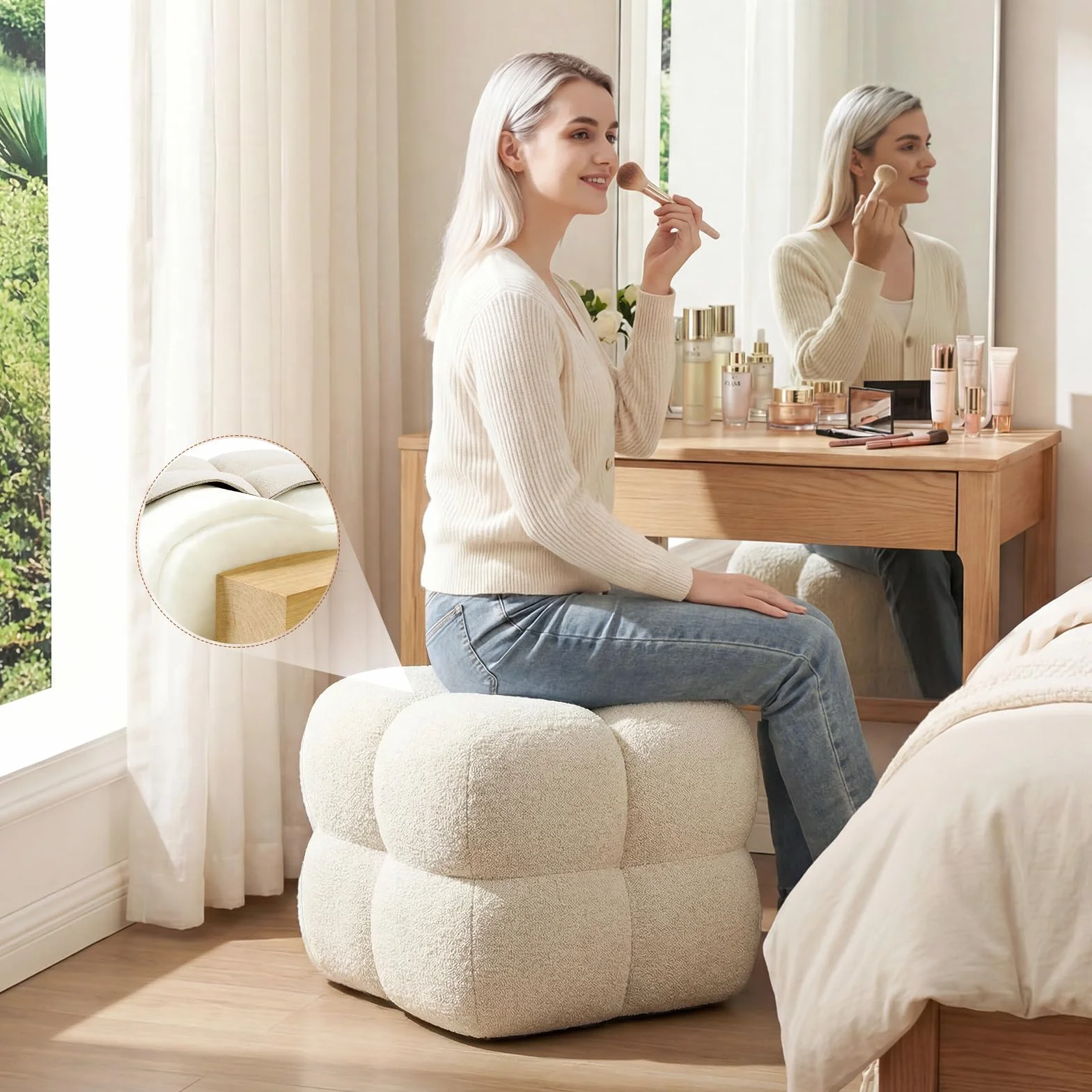 Zesthouse Square Pouf Ottoman Footstool, Modern Vanity Chair for Bedroom | Linen Fabric Foot Rest for Couch, Upholstered Tufted Footstool, Poofy Ottoman Seat for Living Room Dorm Fluffy Ottoman Beige