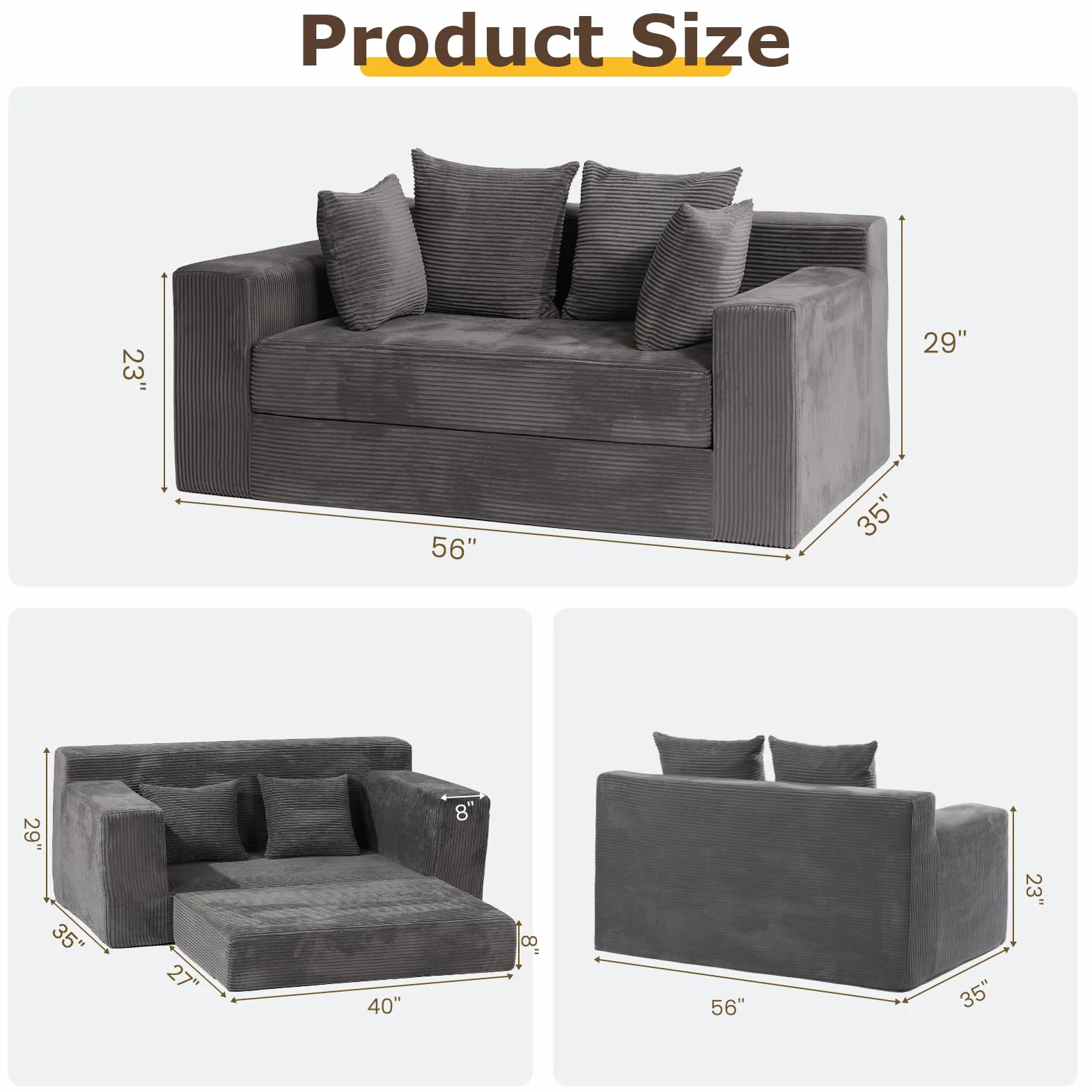 cidludto Convertible Sofa Bed, 3 in 1 Loveseat Folding Couch Bed Foldable - Boneless Couch & Floor Futon, Corduroy Pull Out Sofa Bed with 4 Pillows for Living Room, Grey