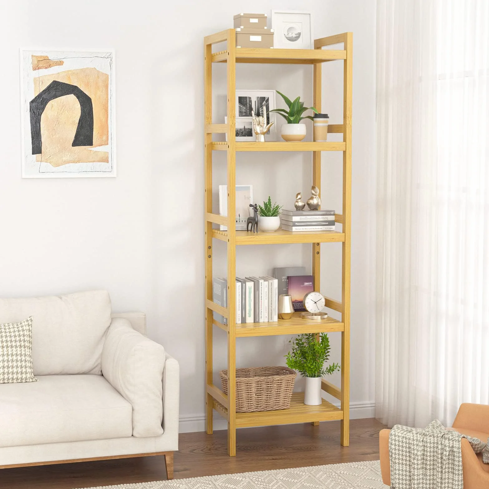 Bamboo Bookshelf, 5-Tier Narrow 55.9” Adjustable Book Shelf Bookcase Bathroom Shelves Freestanding Storage Stand for Living Room, Bedroom, Kitchen, Rust Resistance, Easy Assembly, Natural