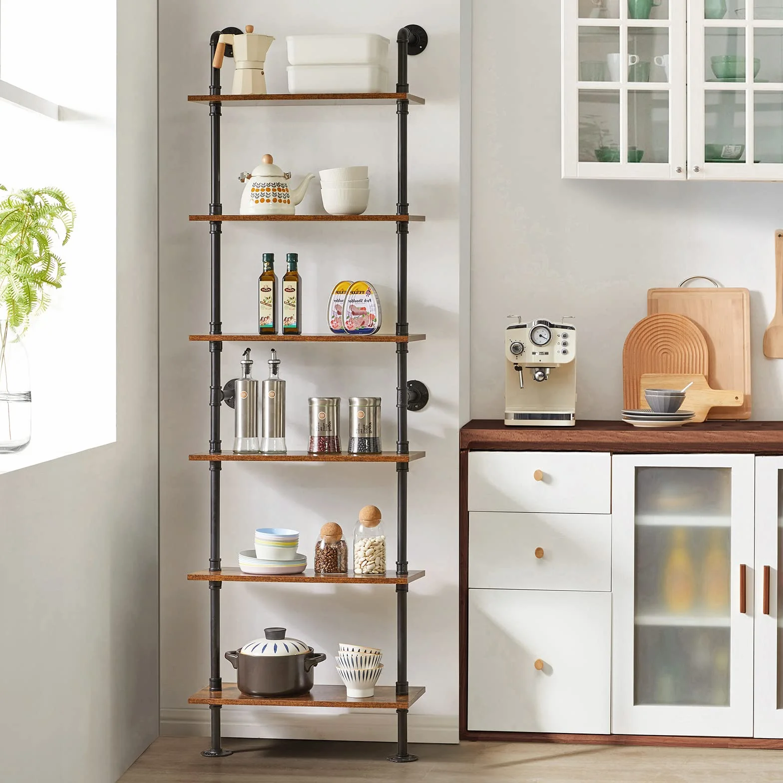 YMYNY Industrial Pipe Ladder Shelf, 6-Tier Wall Mounted Bookcase with Metal Frame, 78.7" Open Bookshelf, Multifunctional Storage Rack for Home Office, Living Room, Plant Stand, Rustic Brown, RF-TM018