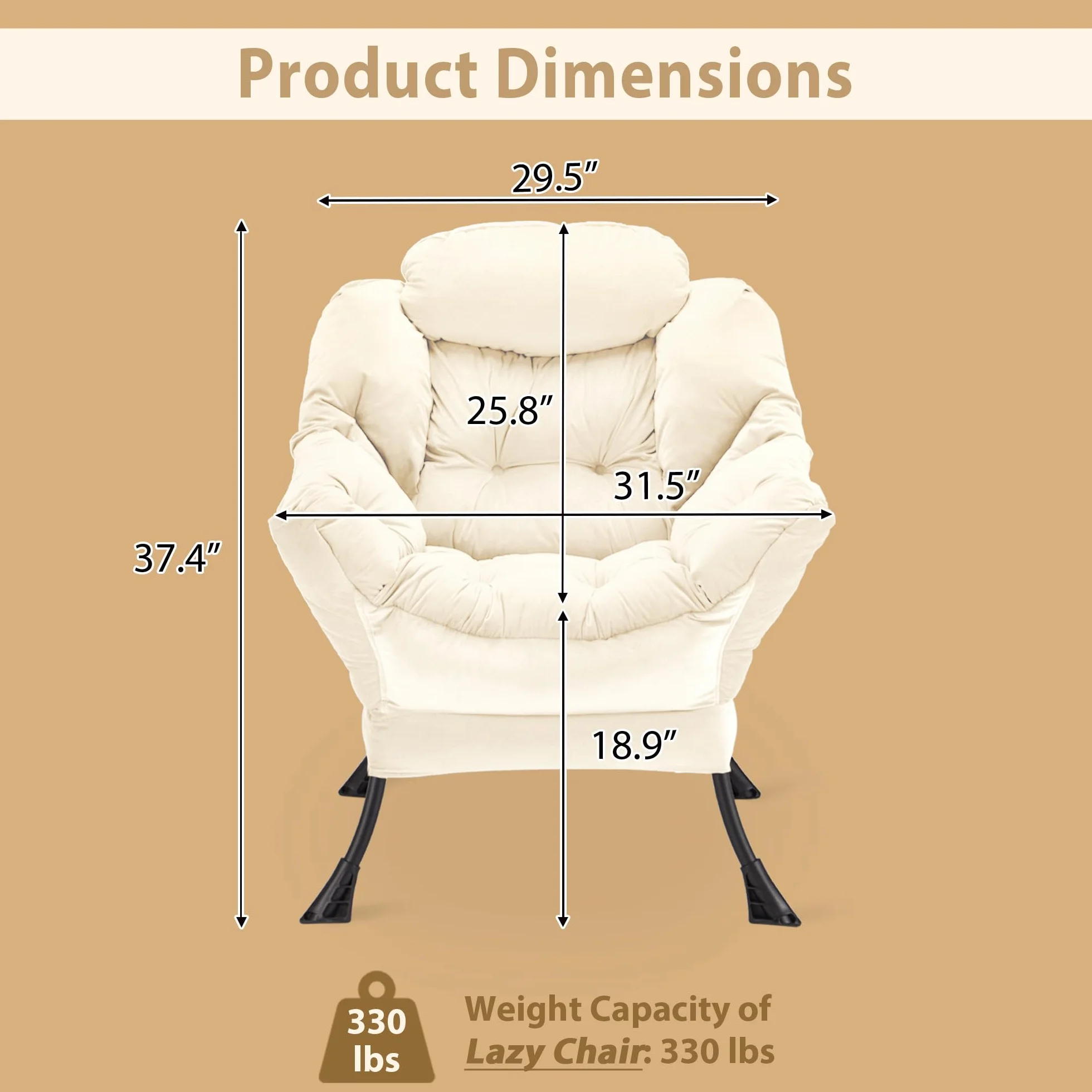 Youtanic Lazy Chair Thick Padded, Comfy Velvet Accent Lounge Chair with Stable Frame, Leisure Sofa Armchair with Armrests and Side Pocket, Reading Chair for Bedroom, Living Room, Office, Beige