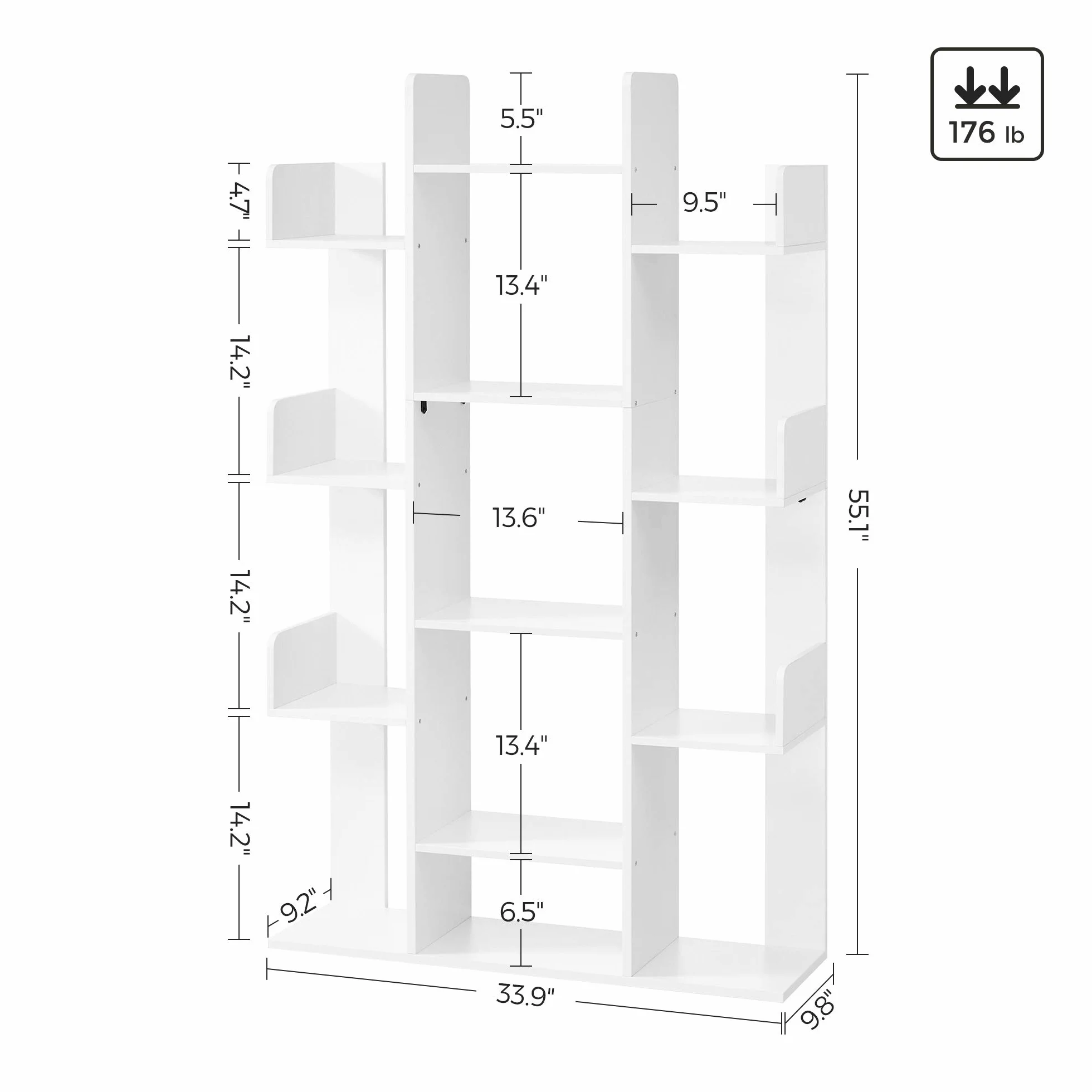 VASAGLE Bookshelf, Tree-Shaped Bookcase with 13 Storage Shelves, Rounded Corners, 9.8”D x 33.9”W x 55.1”H, White ULBC067W01