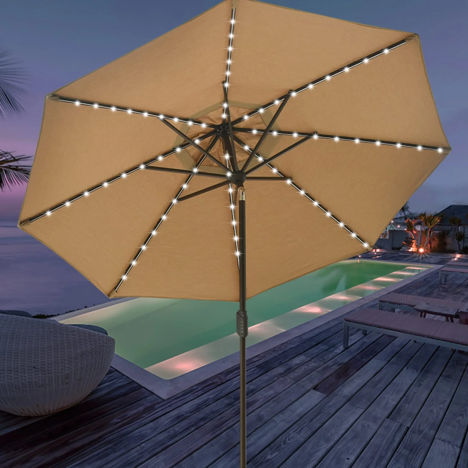 EliteShade USA 10-Year-Non-Fading 9ft Market Patio Umbrella, Commercial Grade Table Sun Umbrella with 80 Solar LED Lights, Crank Open, Windproof & UPF 50+ UV Protection for Garden, Deck, Pool, Backyard, Heather Beige