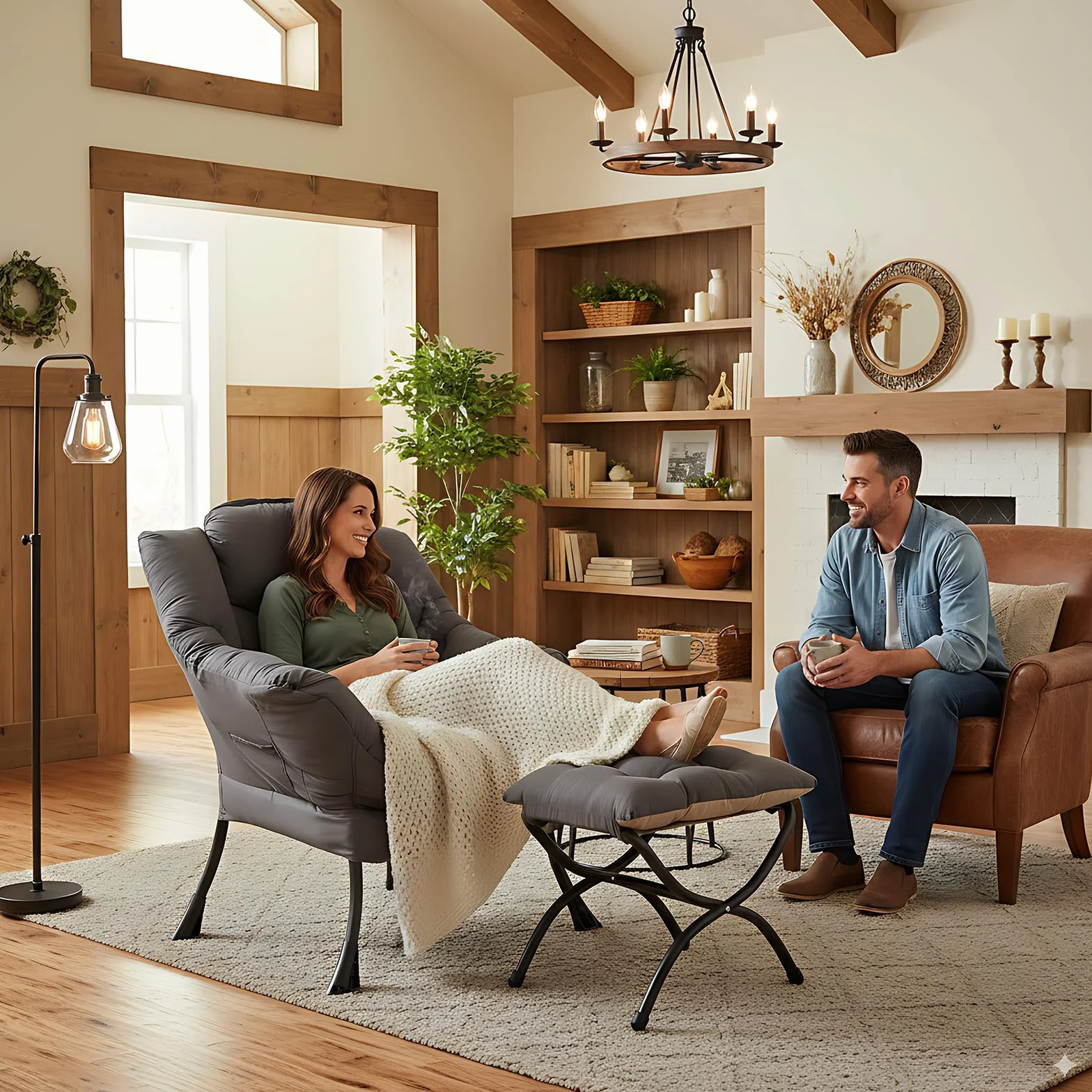 Lazy Chair with Ottoman, Comfy Accent Reading Chair, Dark Grey | Foldable Footrest,Removable Cover,with Armrests and Side Pockets,Upholstered Lounge Chair for Bedroom,Dorm,Office,Small Space