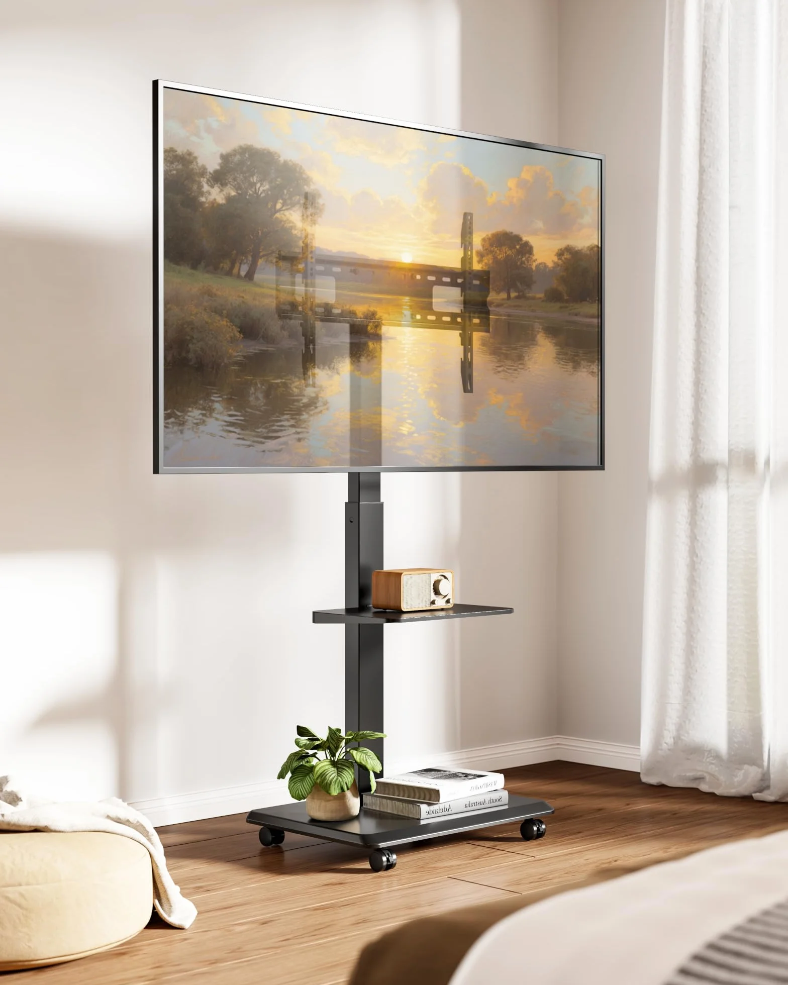 Steel Base Rolling TV Stand for 32-75 inch TVs up to 110 lbs, Black | Leveling&Tilt&Swivel Mobile TV Stand, Hidden Wire Management, Height Adjustable Portable TV Stand, Large Storage,Steel Shelf