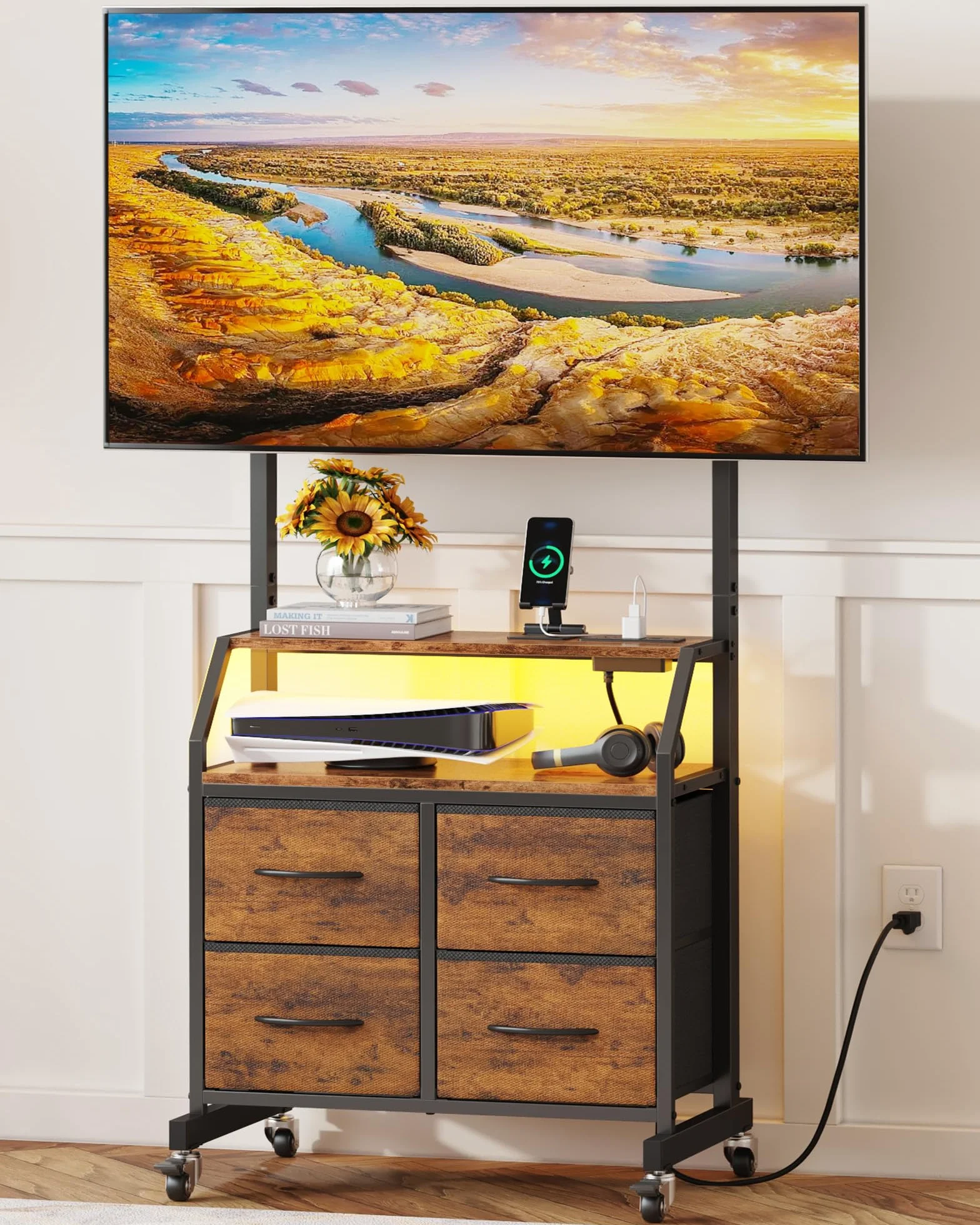 GYIIYUO Rolling TV Stand with Mount & 4 Fabric Drawers for 32-75 inch TVs | Holds up to 145 lbs with lockable rolling wheels, built-in 2 AC outlets and USB charging, great for apartments and bedrooms