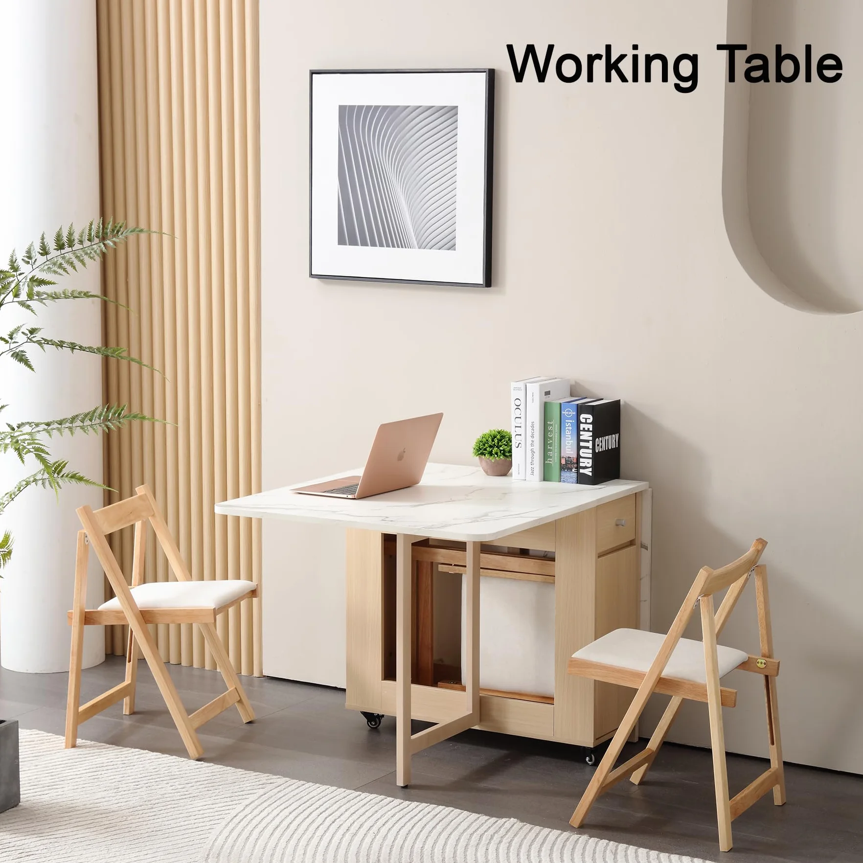 Drop Leaf Table Extendable, Foldable Kitchen Table Space Saving, Folding Dining Table with 2 Drawers and 4 Wheels, Dining Table for Living Room, Farmhouse， RV(Marble Wood)