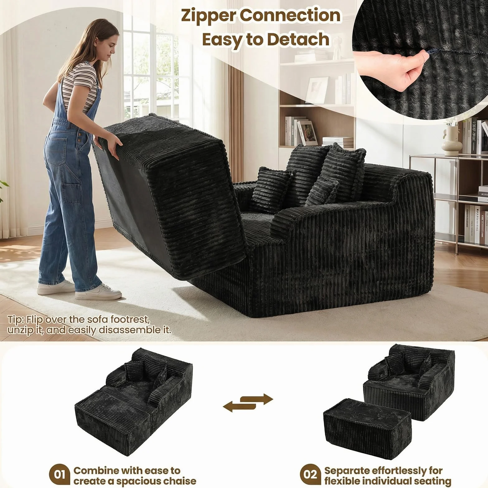 Chaise Lounge Chair Indoor,Boneless Chair with Ottoman,Comfy Reading Chair for Adults,Small Sofa Bed Couch for Living Room,Single Sleeper Chair Bed,Black