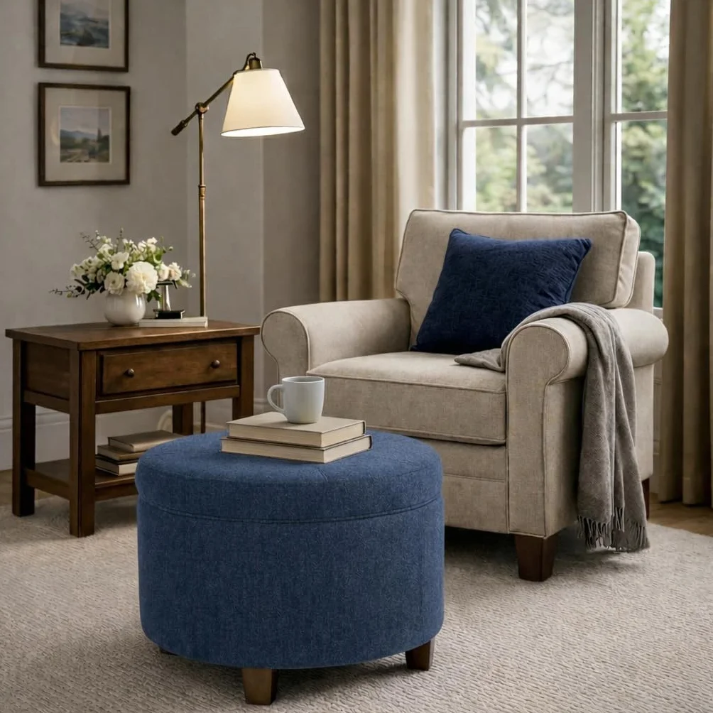 HomePop 24" Large Round Storage Ottoman - Blue Woven Fabric