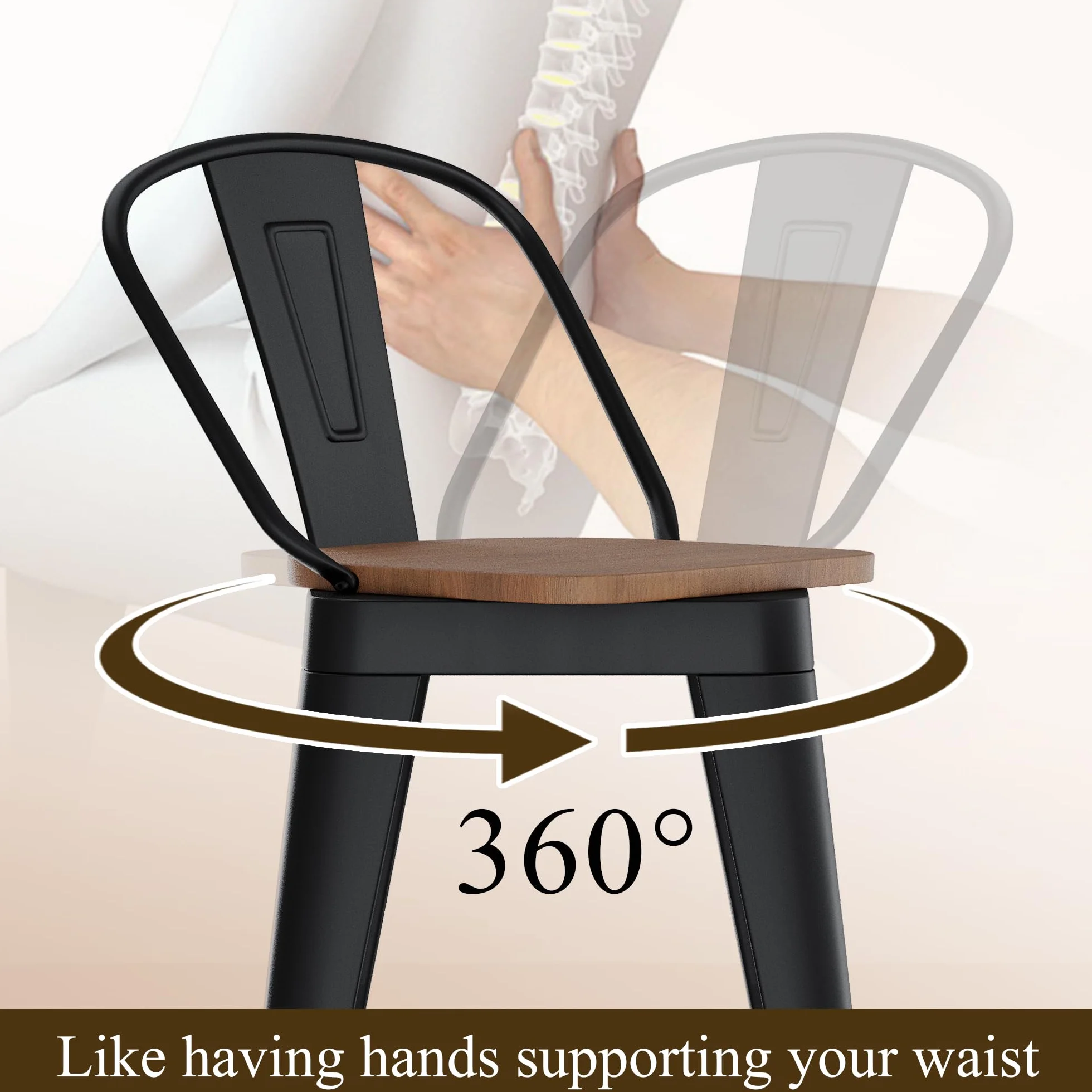 Aklaus Swivel Bar Stools 24 inch Swivel Metal Counter Height Barstools Set of 4 Modern Farmhouse Bar Chairs with High Backs and Large Wooden Seat for Kitchen Island Dining Room Matte Black