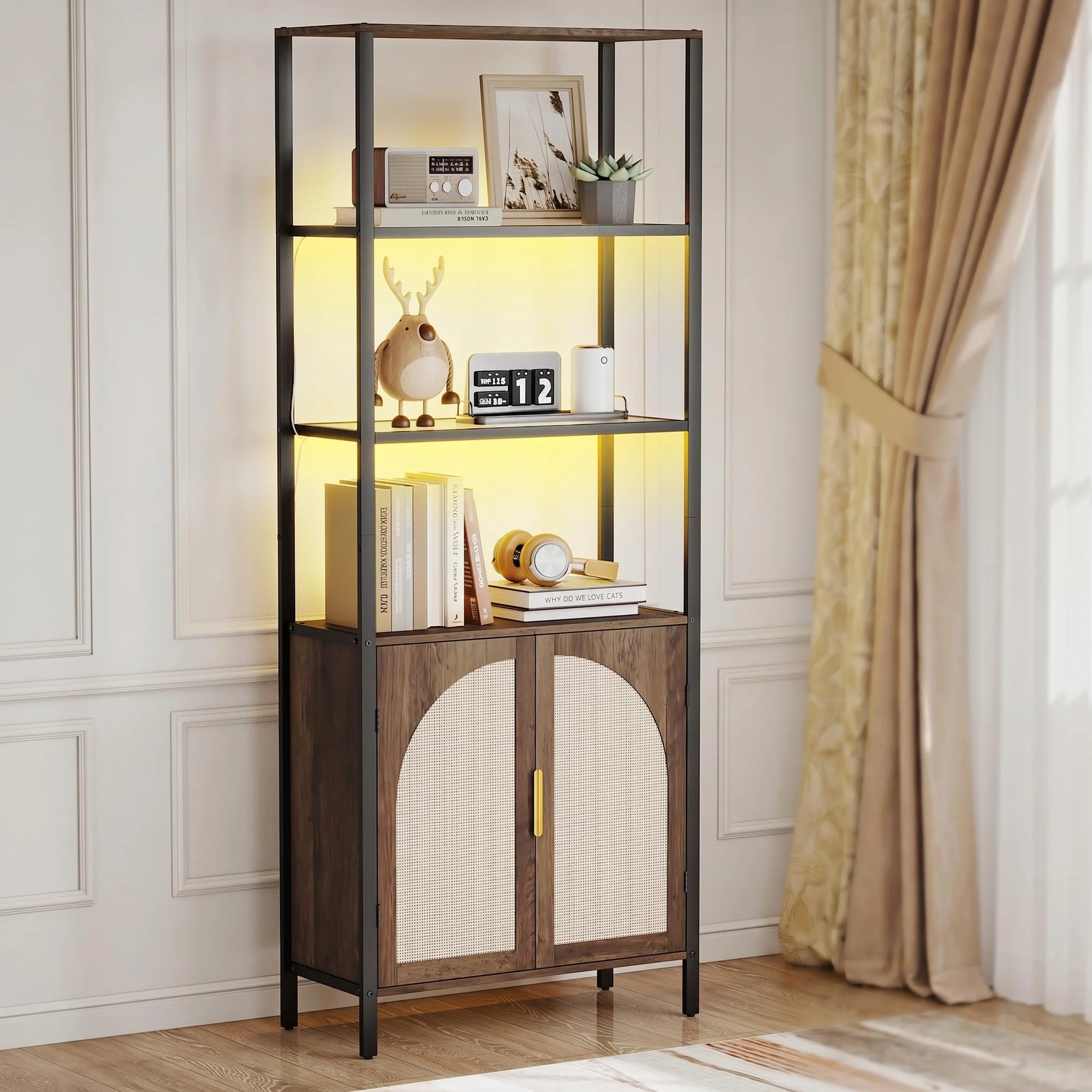 Turosur Rattan Bookshelf with Storage, Boho Bookcase with Wicker Doors, 71" Tall Book Shelf with LED Lights for Living Room, Brown