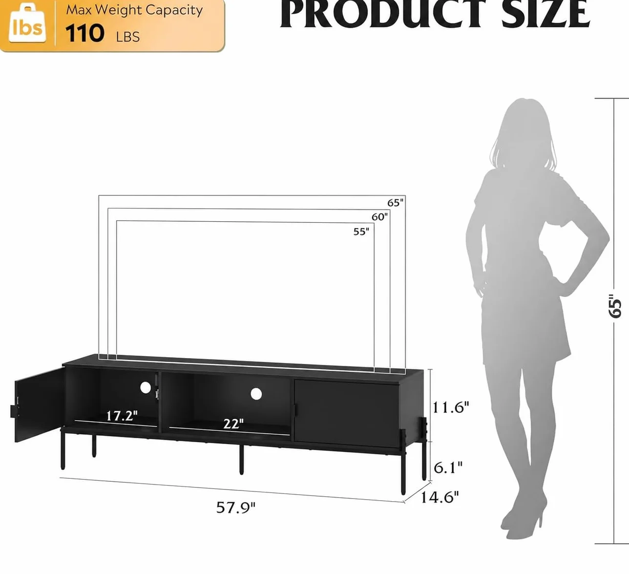 WLIVE 58" TV Stand for 65 Inch TVs, Mid Century Modern Entertainment Center with 2 Storage Cabinets & Open Shelf, Media Console Table with Metal Legs for Living Room, Bedroom, Black