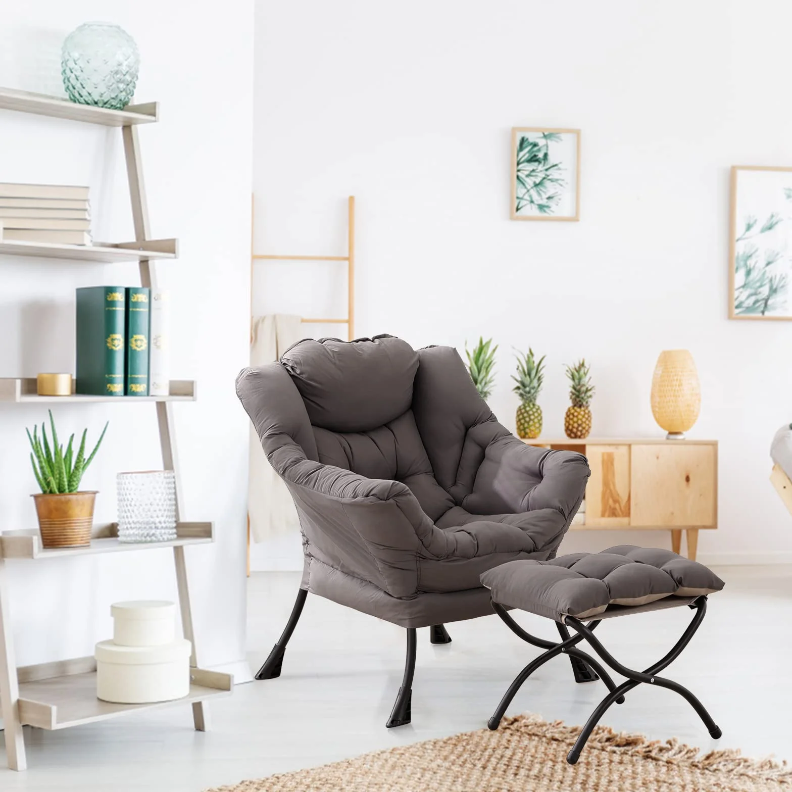 Lazy Chair with Ottoman, Comfy Accent Reading Chair, Dark Grey | Foldable Footrest,Removable Cover,with Armrests and Side Pockets,Upholstered Lounge Chair for Bedroom,Dorm,Office,Small Space