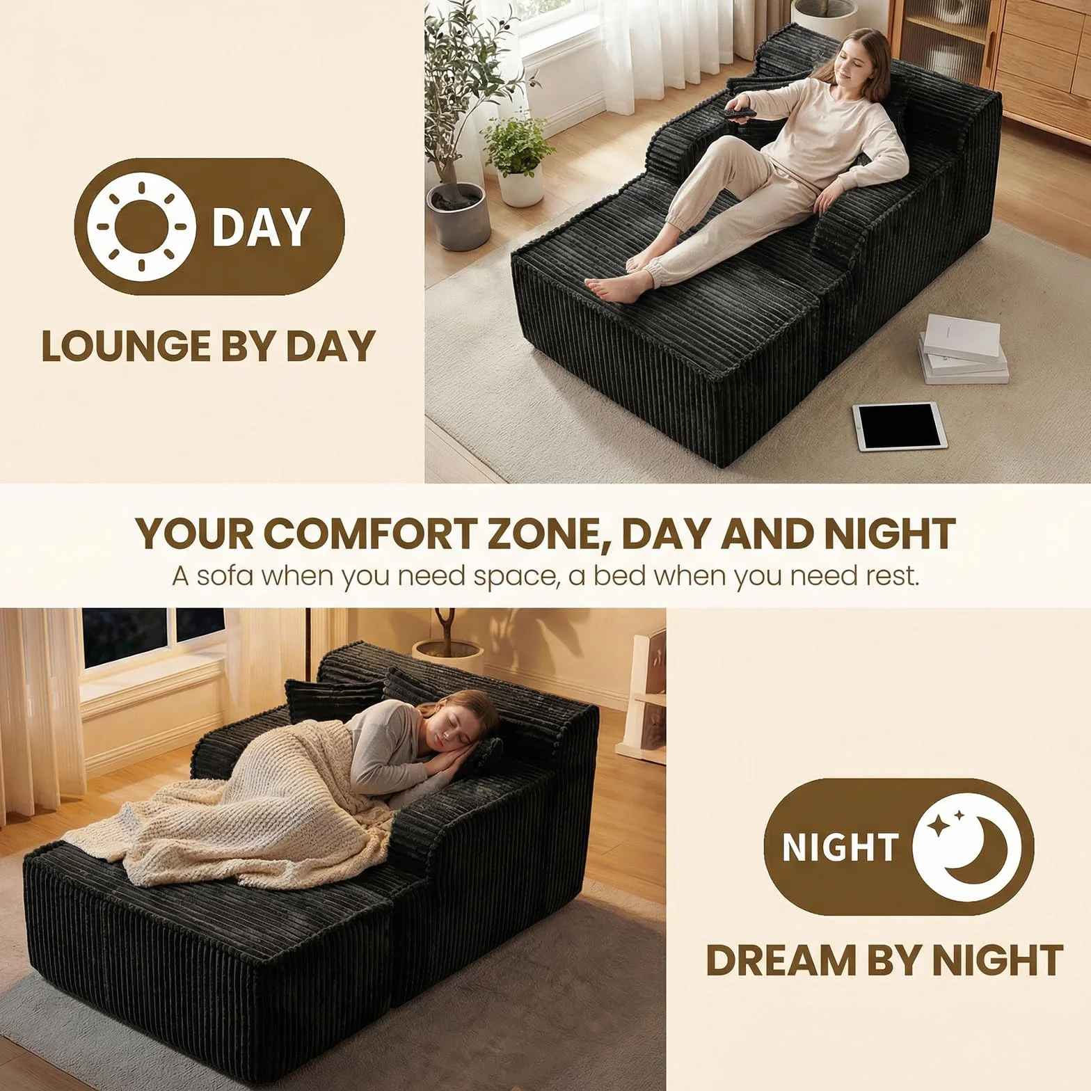 Chaise Lounge Chair Indoor,Boneless Chair with Ottoman,Comfy Reading Chair for Adults,Small Sofa Bed Couch for Living Room,Single Sleeper Chair Bed,Black