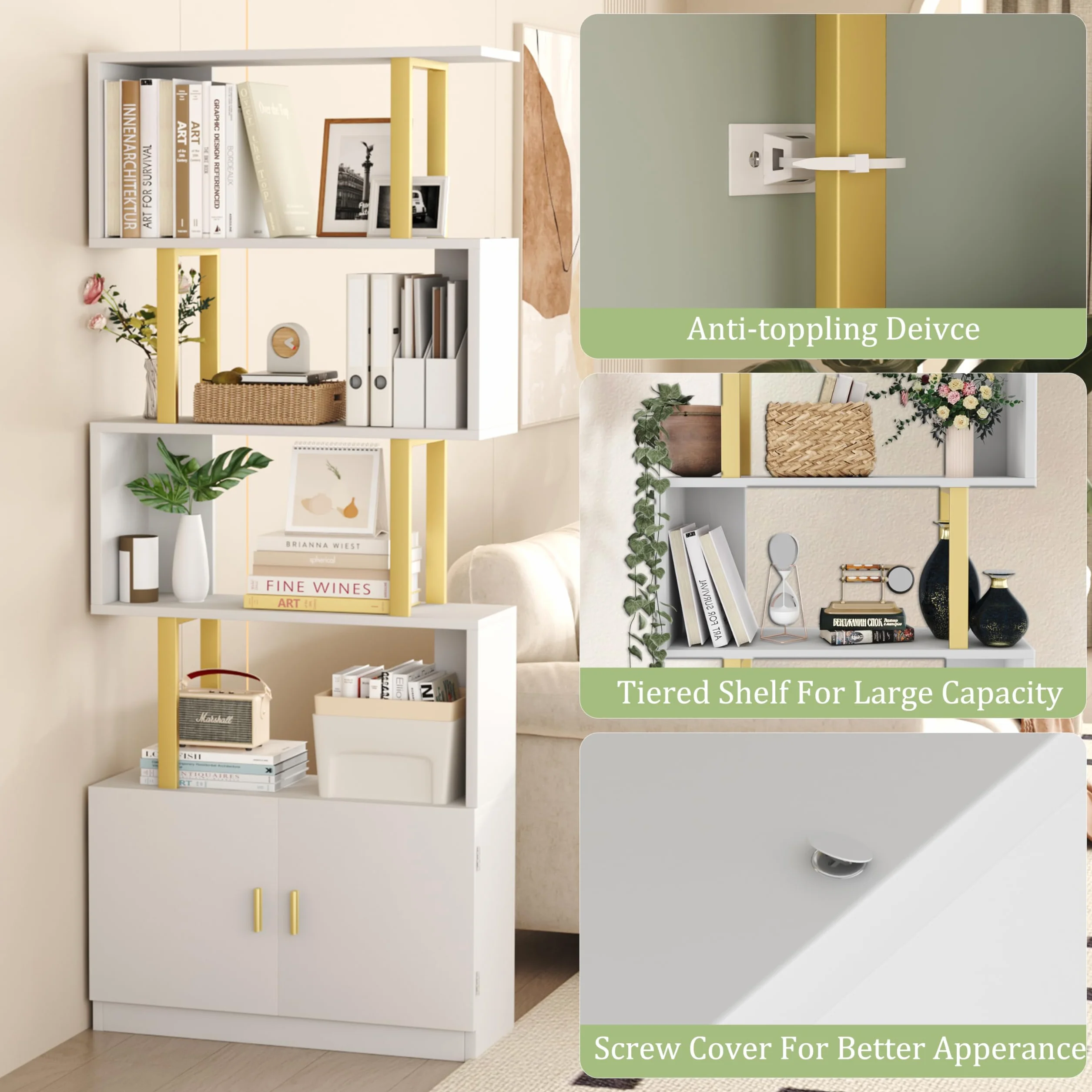 Yusong Geometric Bookcase with Cabinet, S Shaped Bookshelf 5-Tier Book Shelves for Bedroom, Modern Wood Decorative Display Shelf Tall Book Case for Home Office, Gold and White