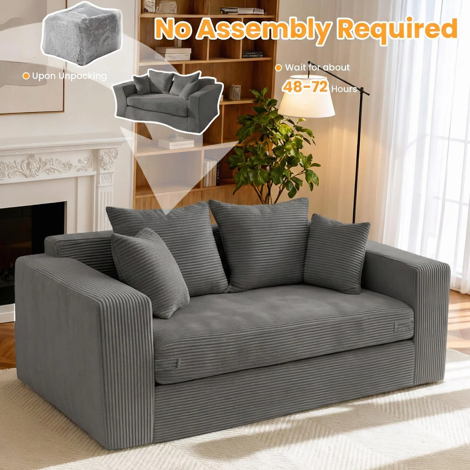 Winzon Boneless Loveseat, 3 in 1 Convertible Sofa Bed Sleeper Sofa Floor Futon Bed with 4 Pillows, 55" Grey Boneless Couch for Living Room, Guest Room, Small Space, No Assembly Required, Corduroy