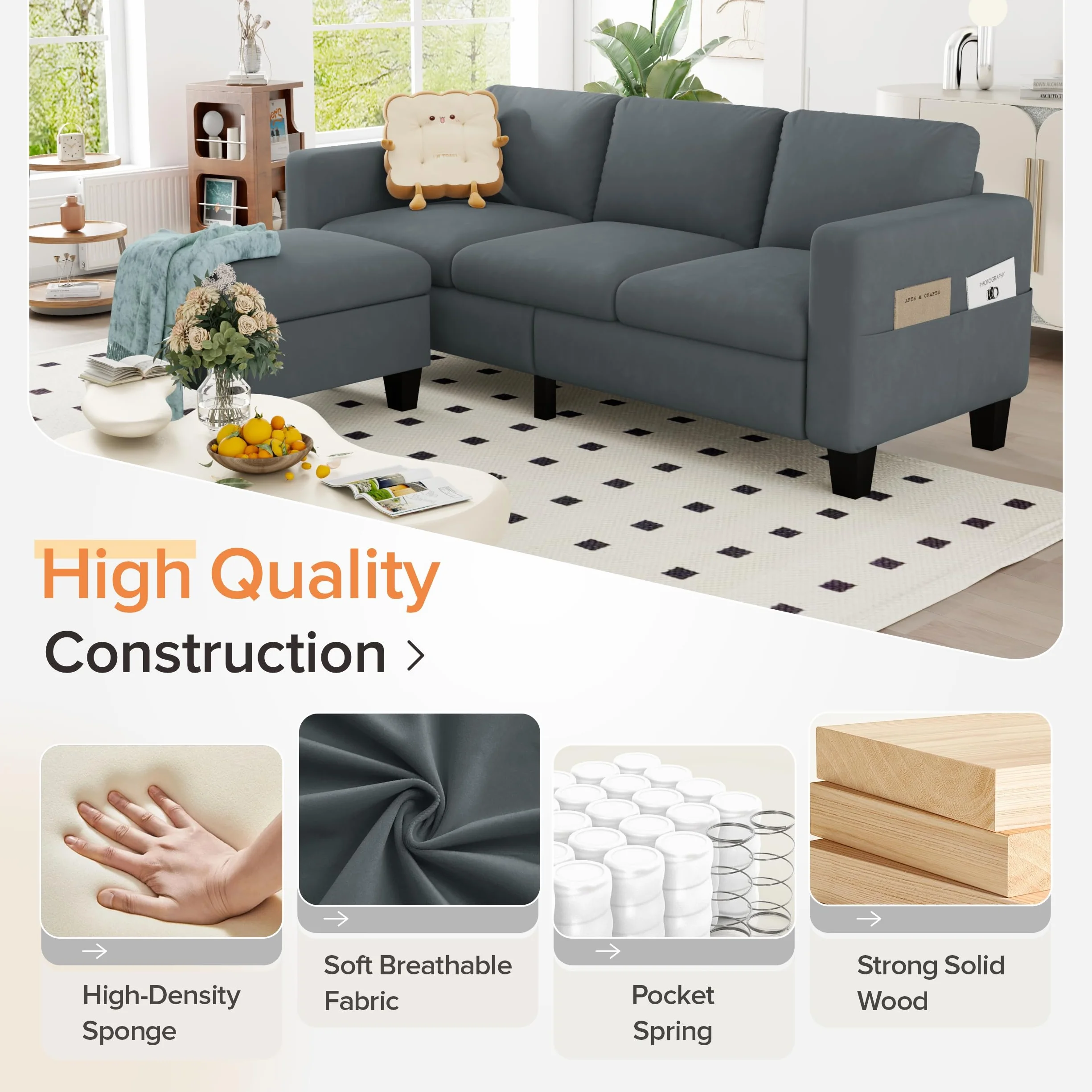 ZeeFu Convertible Sectional Sofa Couch,Classic 3 Seat L-Shaped Sofa with Movable Ottoman, Modern Dark Grey Velvet Fabric Upholstered Small Sectional Sofa Couch for Small Apartment Living Room Office