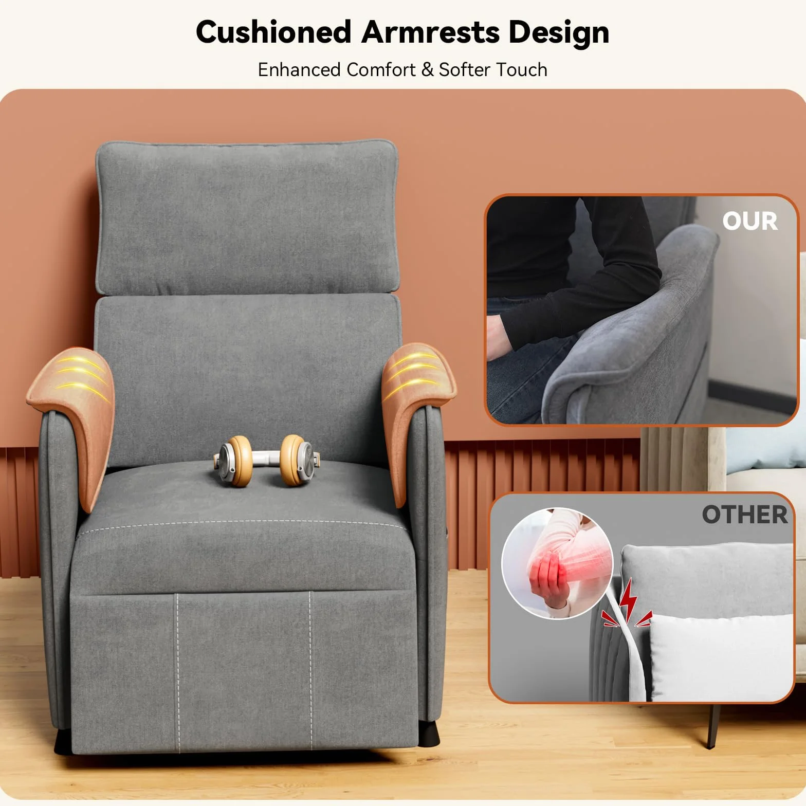 Recliner Chair，Electric Adjustable Chenille Recliner with Remote Control and Padded Backrest,Home Theater Recliner Single Sofa Seat with Thick Seat Cushion for Living Room Bedroom (Grey)