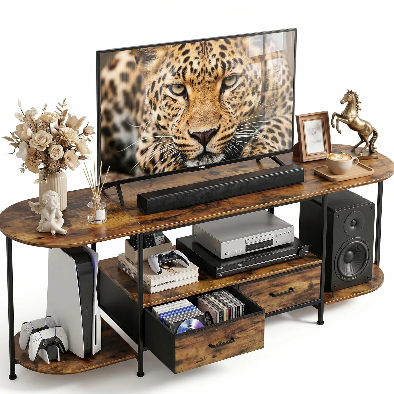 Faesun 63" TV Stand for TVs up to 75 Inches, Curved Edge Media Console & Entertainment Center with 2 Fabric Drawers, Modern TV Console Table for Living Room or Bedroom, Rustic Brown