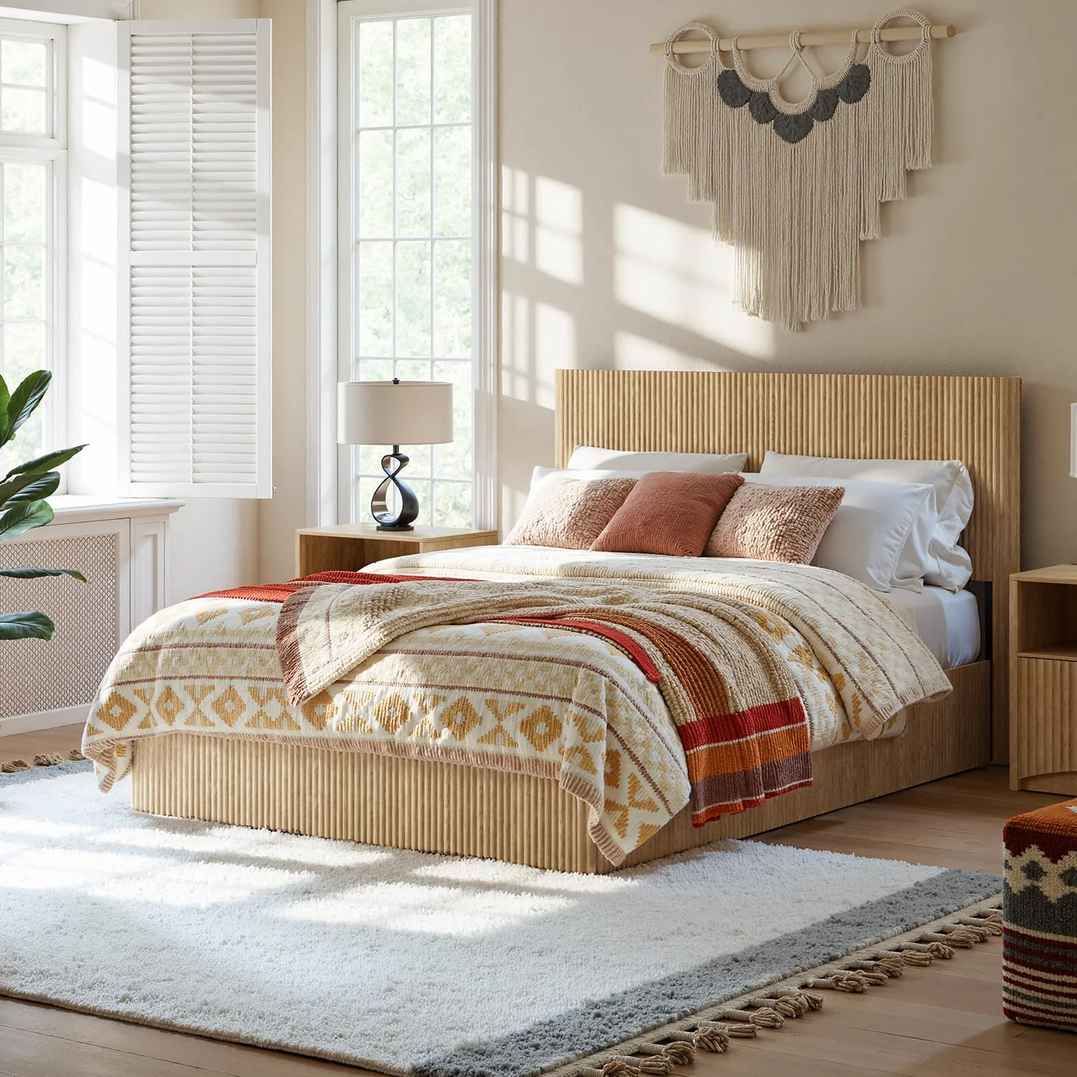 Evermagin Queen Lift-Up Storage Bed Frame, Fluted Headboard, Natural | Evermagin Storage Bed Frame, Mid Century Modern Fluted Bed Frame, Wood Hydraulic Queen Size Bedframe with Headboard