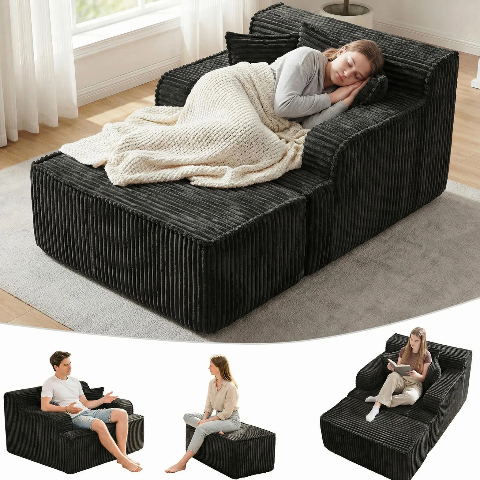 Chaise Lounge Chair Indoor,Boneless Chair with Ottoman,Comfy Reading Chair for Adults,Small Sofa Bed Couch for Living Room,Single Sleeper Chair Bed,Black