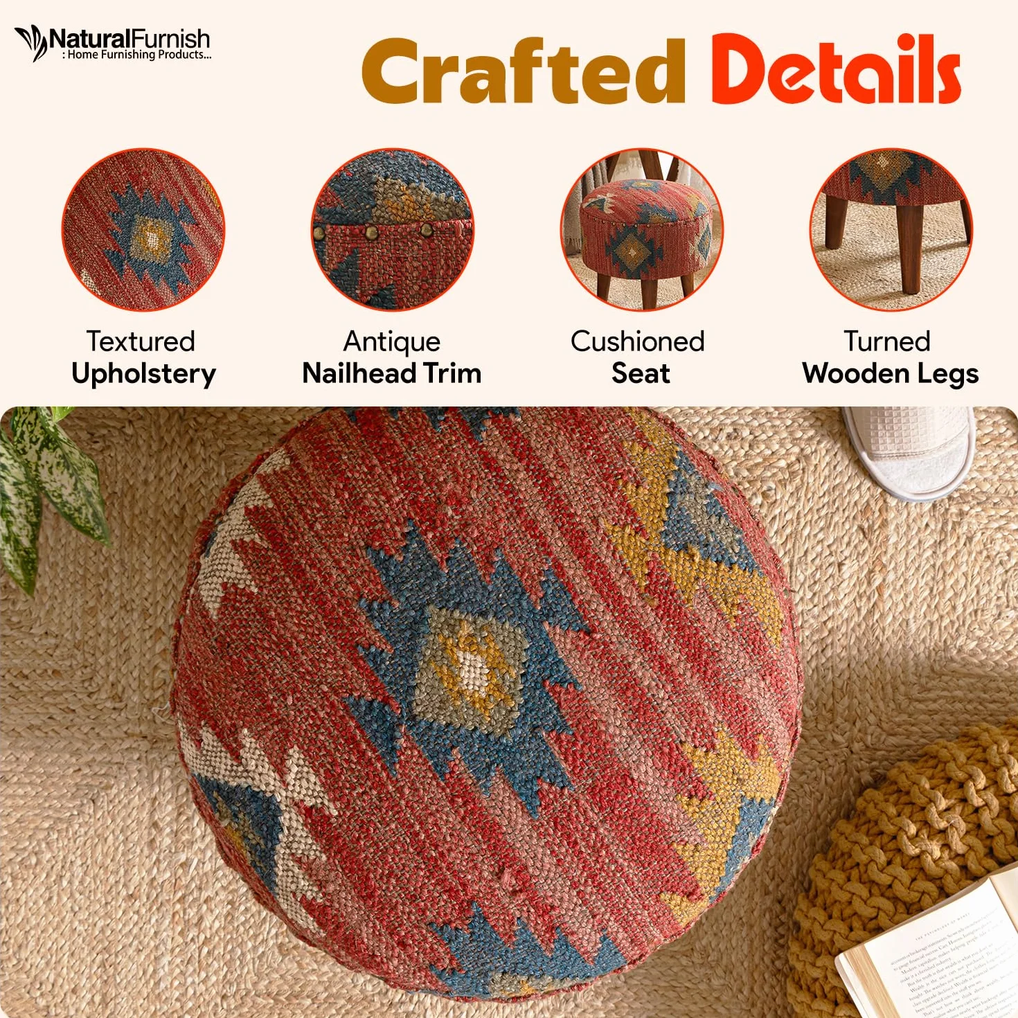 Handmade Kilim Jute Pouf Ottoman Stool | Round Upholstered Seating with Acacia Wood Legs | Decorative Foot Rest for Living Room, Bedroom, Reading Room & Lounge (Red)