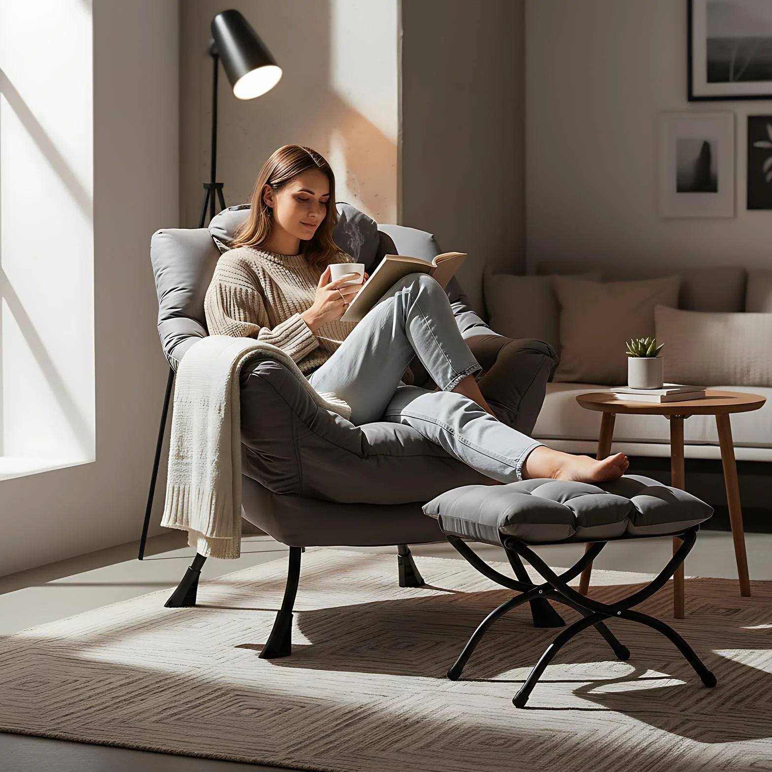 Welnow Lazy Chair with Ottoman, Reading Chair with Footrest,Dark Grey | A Side Pocket,Armrests,Foldable Footrest,Thick Cushioned Seat & Backrest, Lounge Chair for Bedroom,Living Room & Small Space
