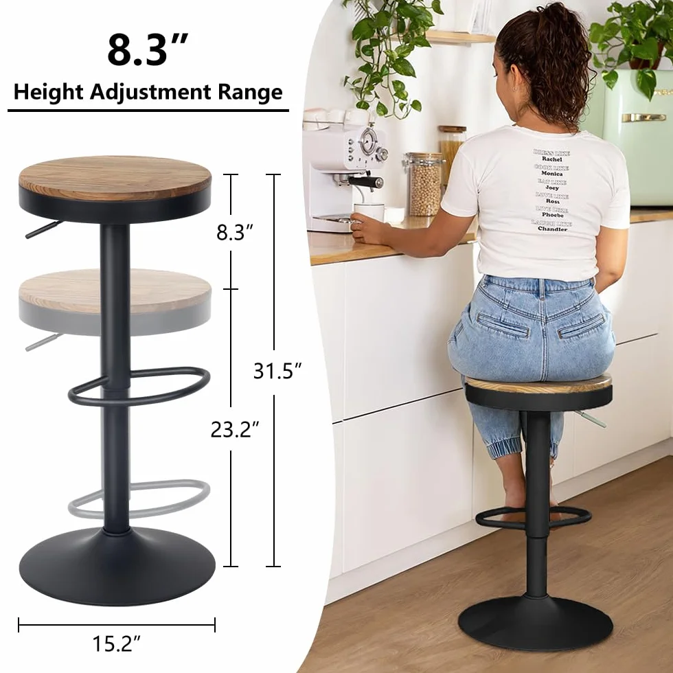Kidol & Shellder Black Bar Stools Set of 2 Adjustable Swivel Backless Barstools Modern Round Wooden Seat Counter Height Bar Chairs Armless for Kitchen Island, Cafe, Dining Room