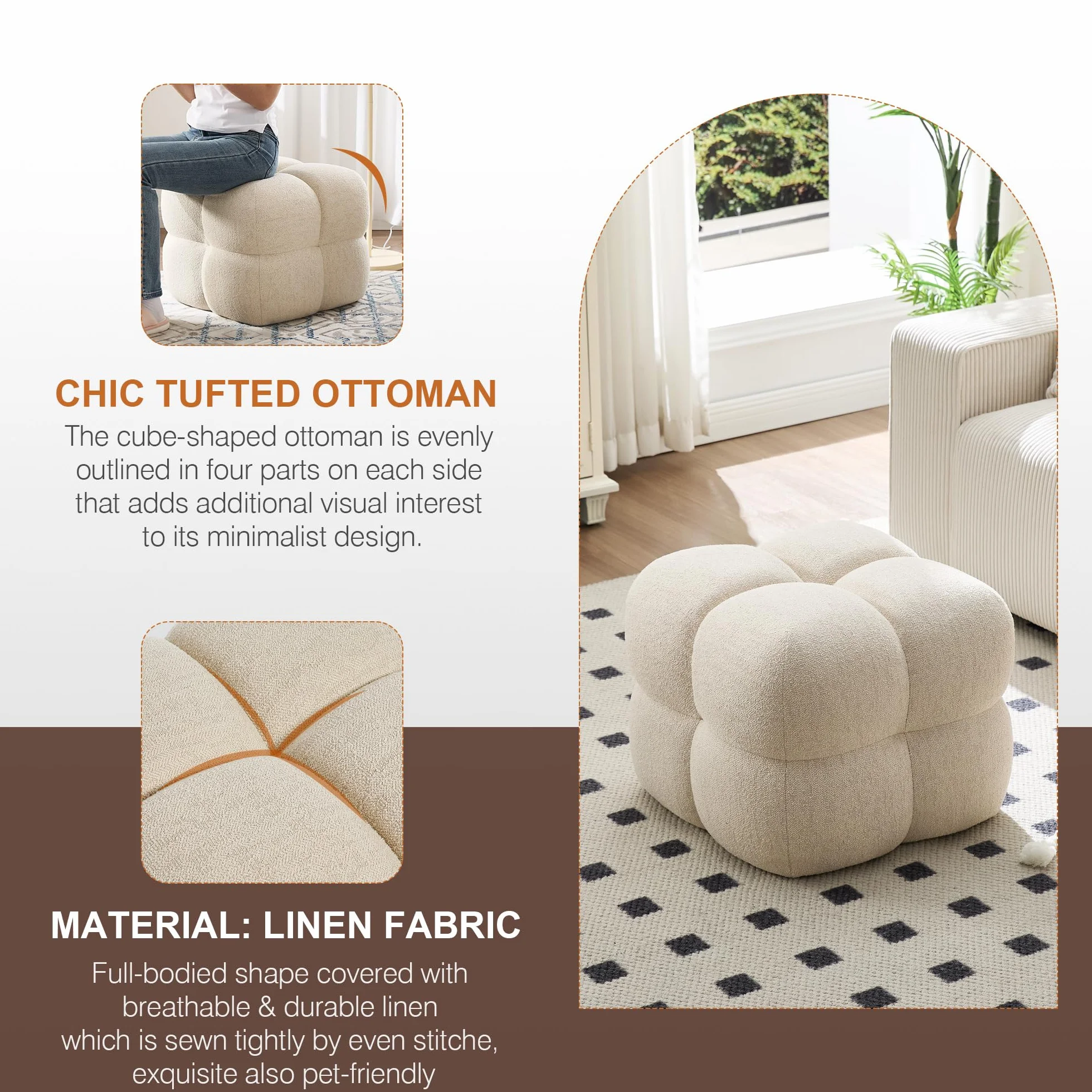 Zesthouse Square Pouf Ottoman Footstool, Modern Vanity Chair for Bedroom | Linen Fabric Foot Rest for Couch, Upholstered Tufted Footstool, Poofy Ottoman Seat for Living Room Dorm Fluffy Ottoman Beige