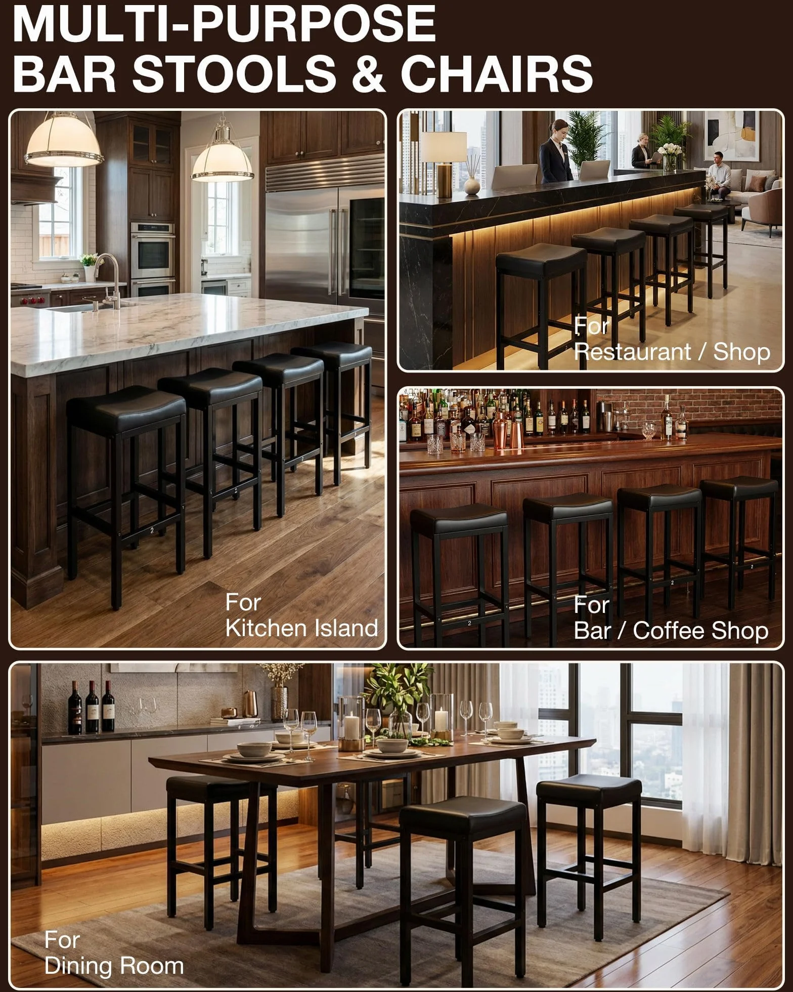 Bar Stools Set of 2-24 Inch Counter Height Chairs for Kitchen Island, Leather Seat with 400 LBS Heavy-Duty Metal Frame and Adjustable Feet, Easy to Assemble for Bar, Café or Dining Room,Black