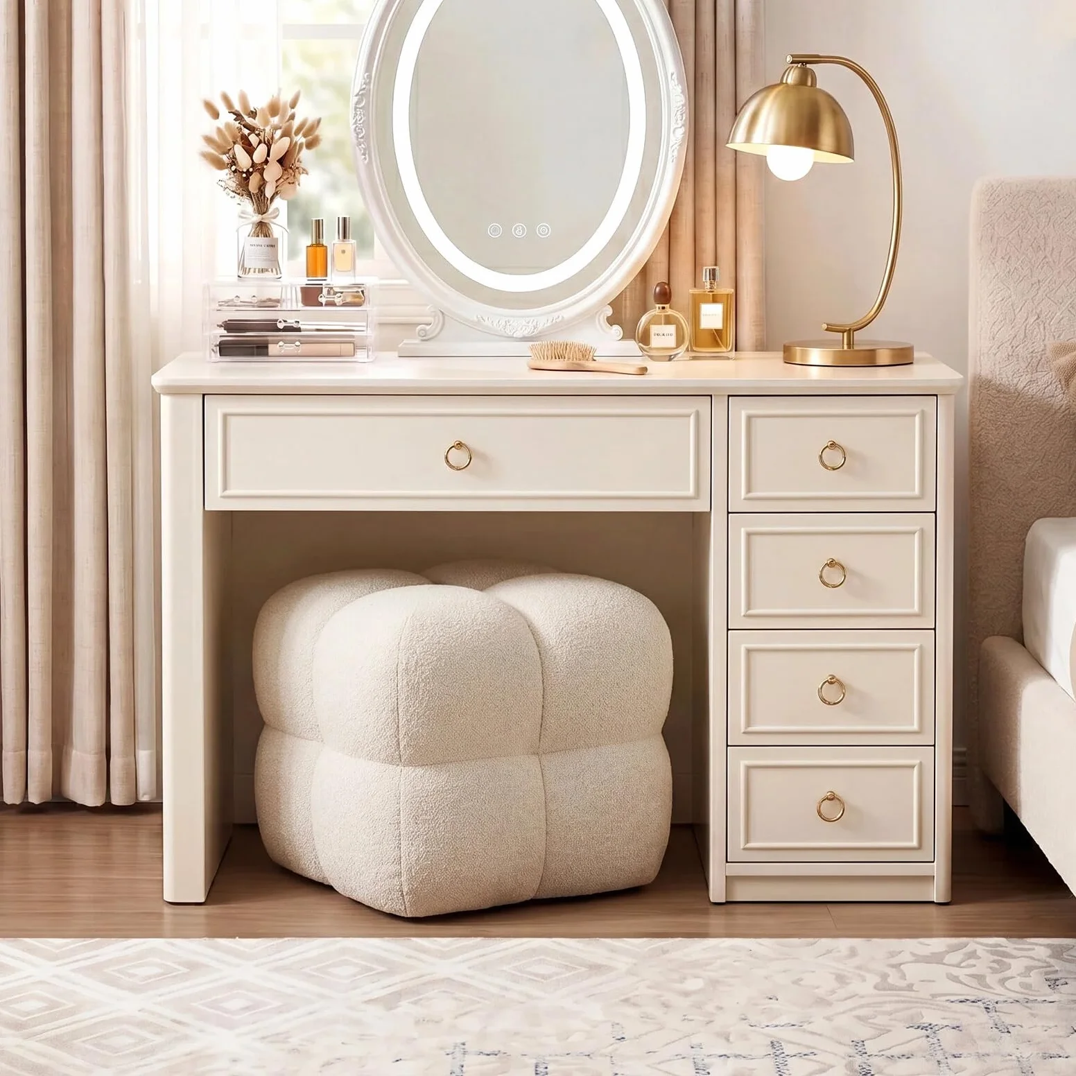 Zesthouse Square Pouf Ottoman Footstool, Modern Vanity Chair for Bedroom | Linen Fabric Foot Rest for Couch, Upholstered Tufted Footstool, Poofy Ottoman Seat for Living Room Dorm Fluffy Ottoman Beige
