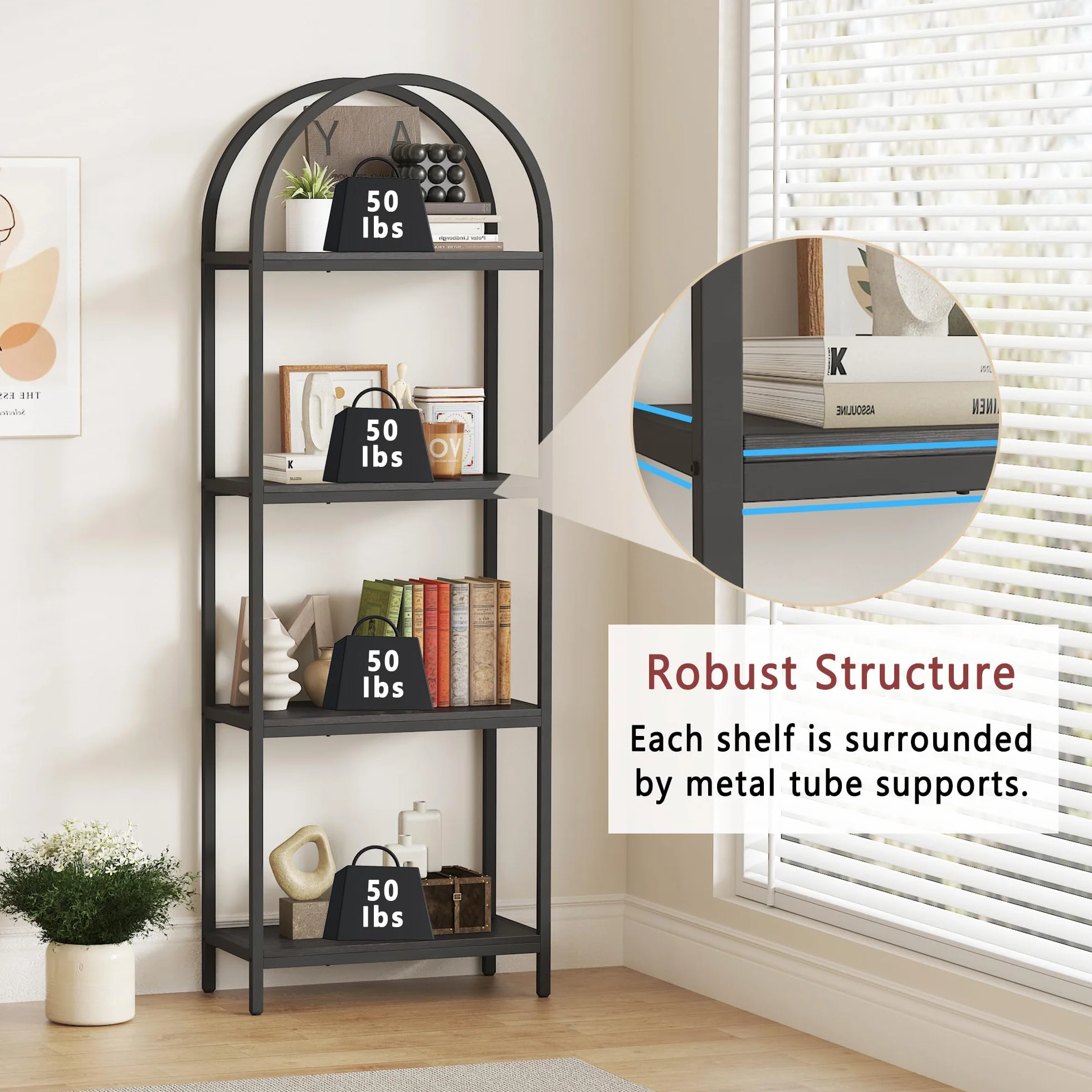 Yusong Bookshelf 4 Tier Arched Bookcase, 71.3" Tall Industrial Open Book Shelves for Living Room, Modern Freestanding Display Shelving Unit Storage Rack with Metal Frame, Office, Bedroom, Black