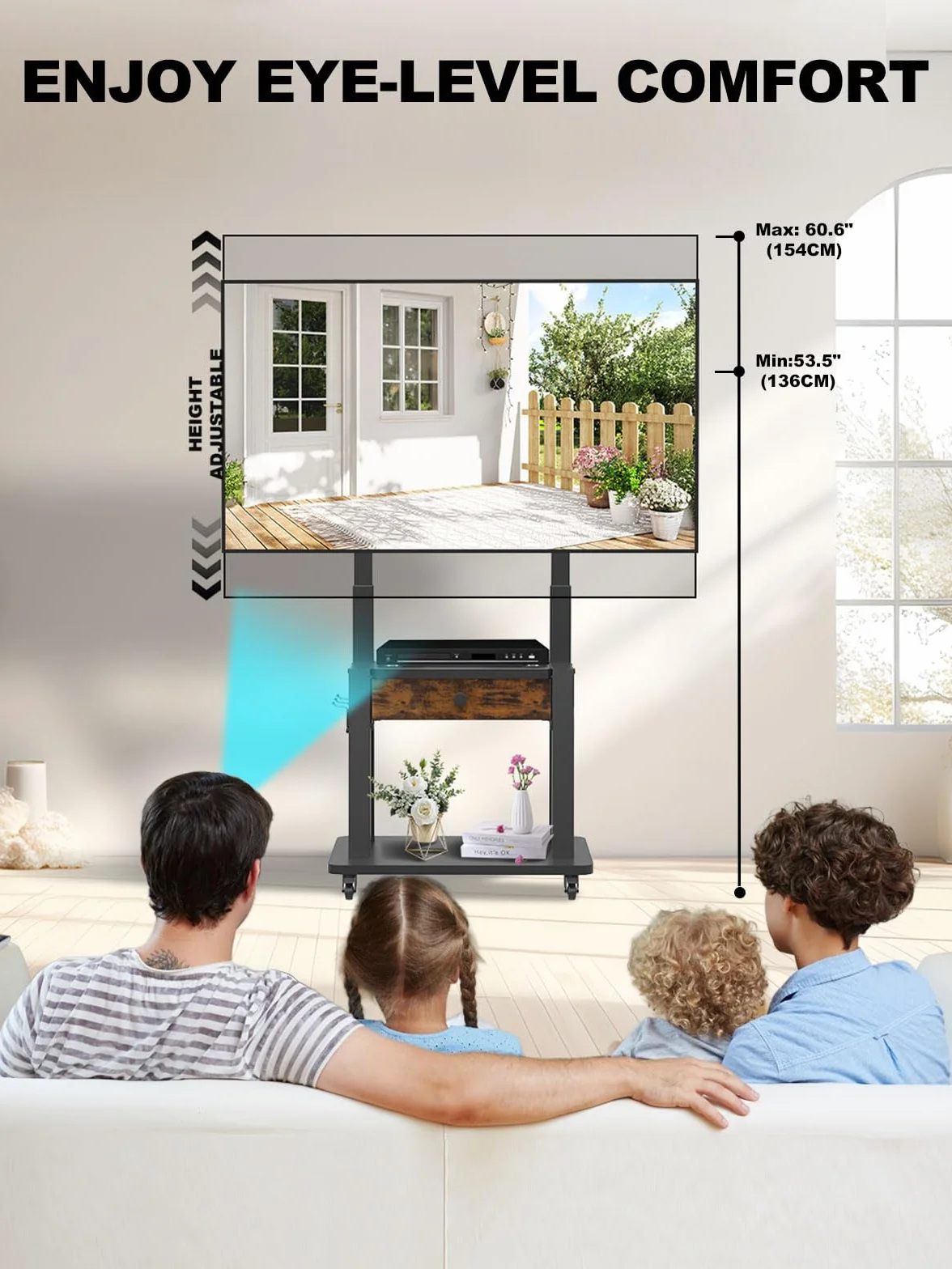 Rolling TV Stand with Fabric Drawer Storage for 32-75 Inch Flat/Curved Screen up to 220lbs LCD/LED/OLED Adjustable Height Mobile TV Cart with Wheels for Home Office Outdoor Max VESA 600x400mm