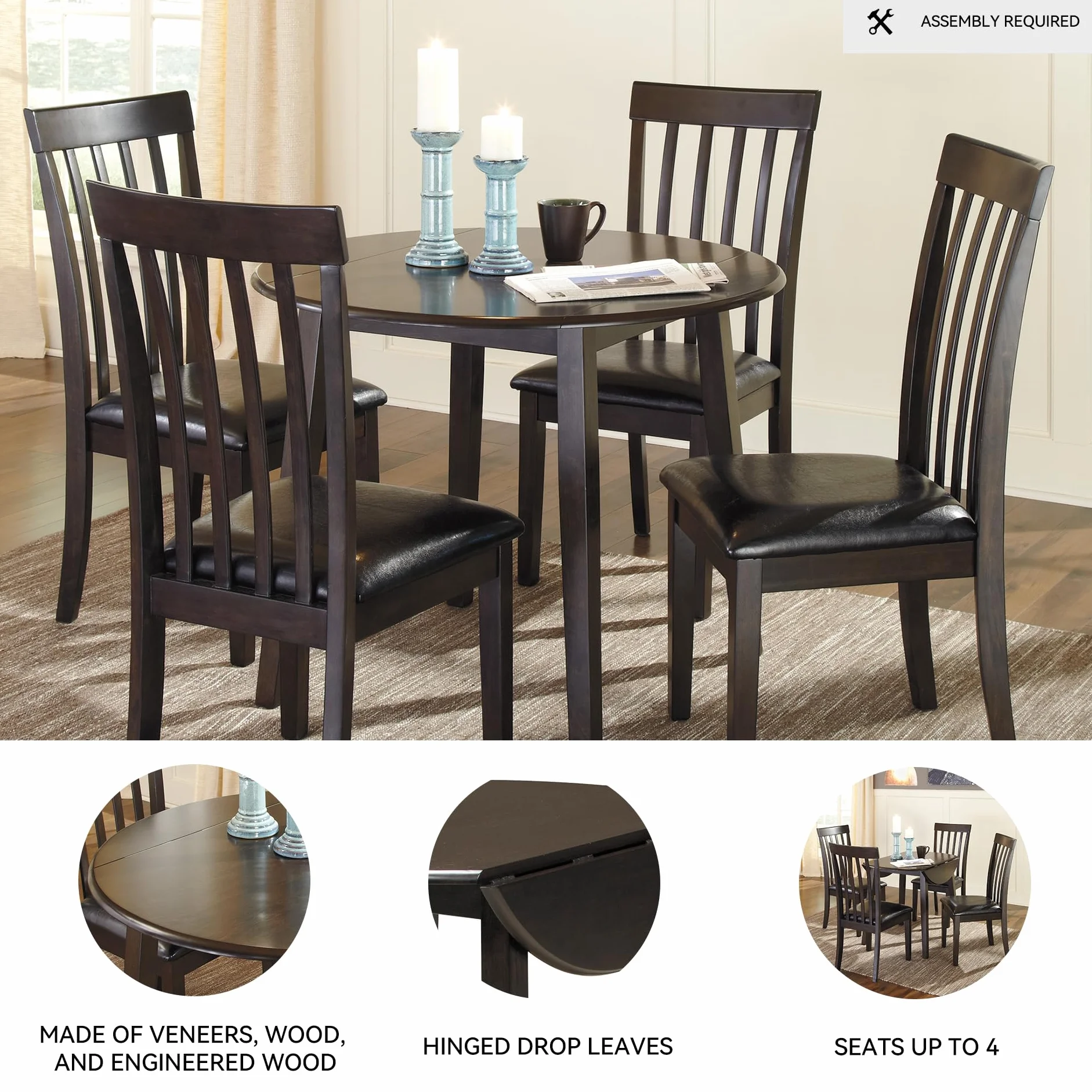 Signature Design by Ashley Small Round Drop Leaf Dining Table, Brown | Dual-hinged 36-inch extendable top for compact spaces, Made of veneers, wood and engineered wood, Hammis Series