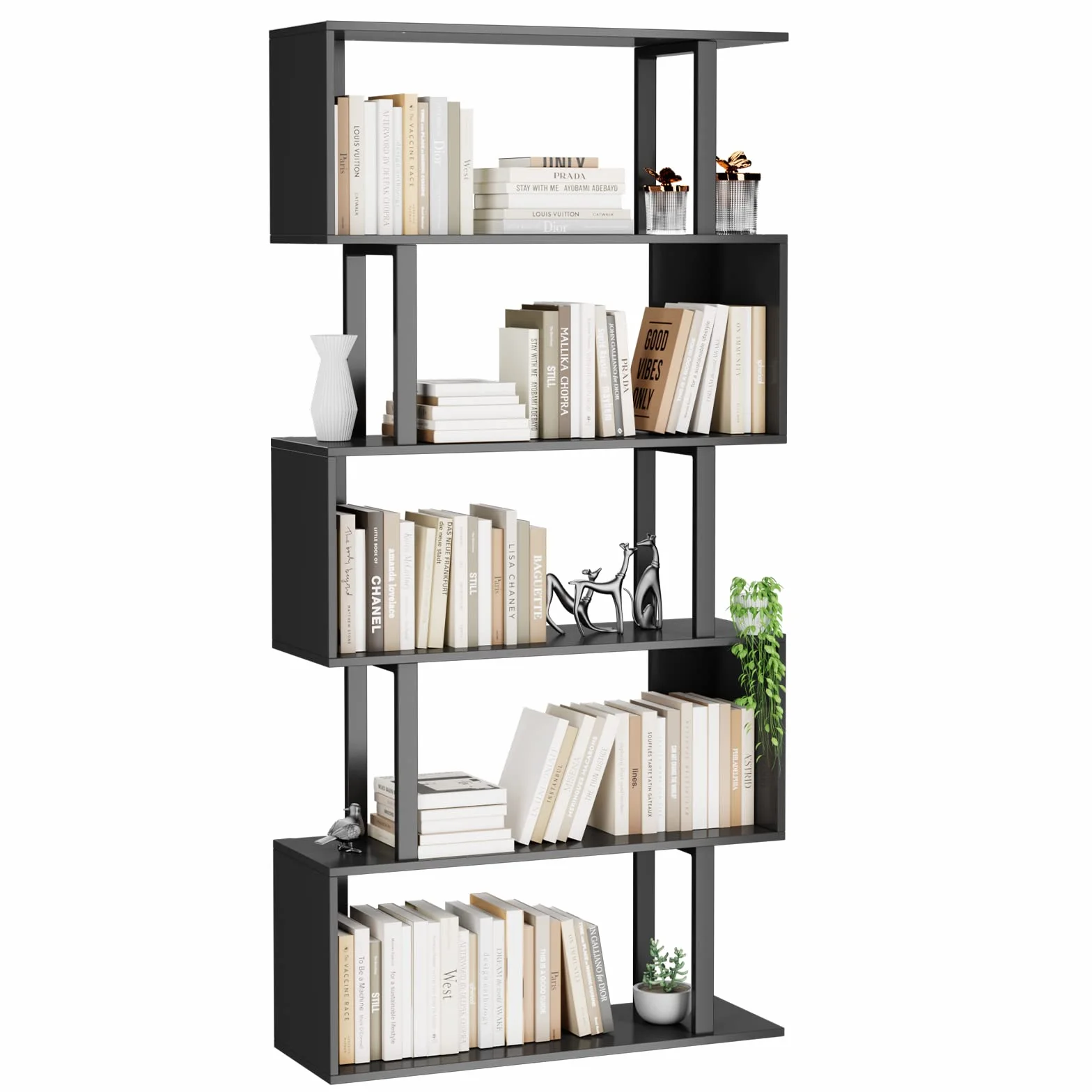 5-Tier Geometric Bookcase,S Shaped Bookshelf, Wood Decorative Storage Shelving, Modern Freestanding Display Shelves, Tall Book Shelf Unit for Living Room Bedroom, Black