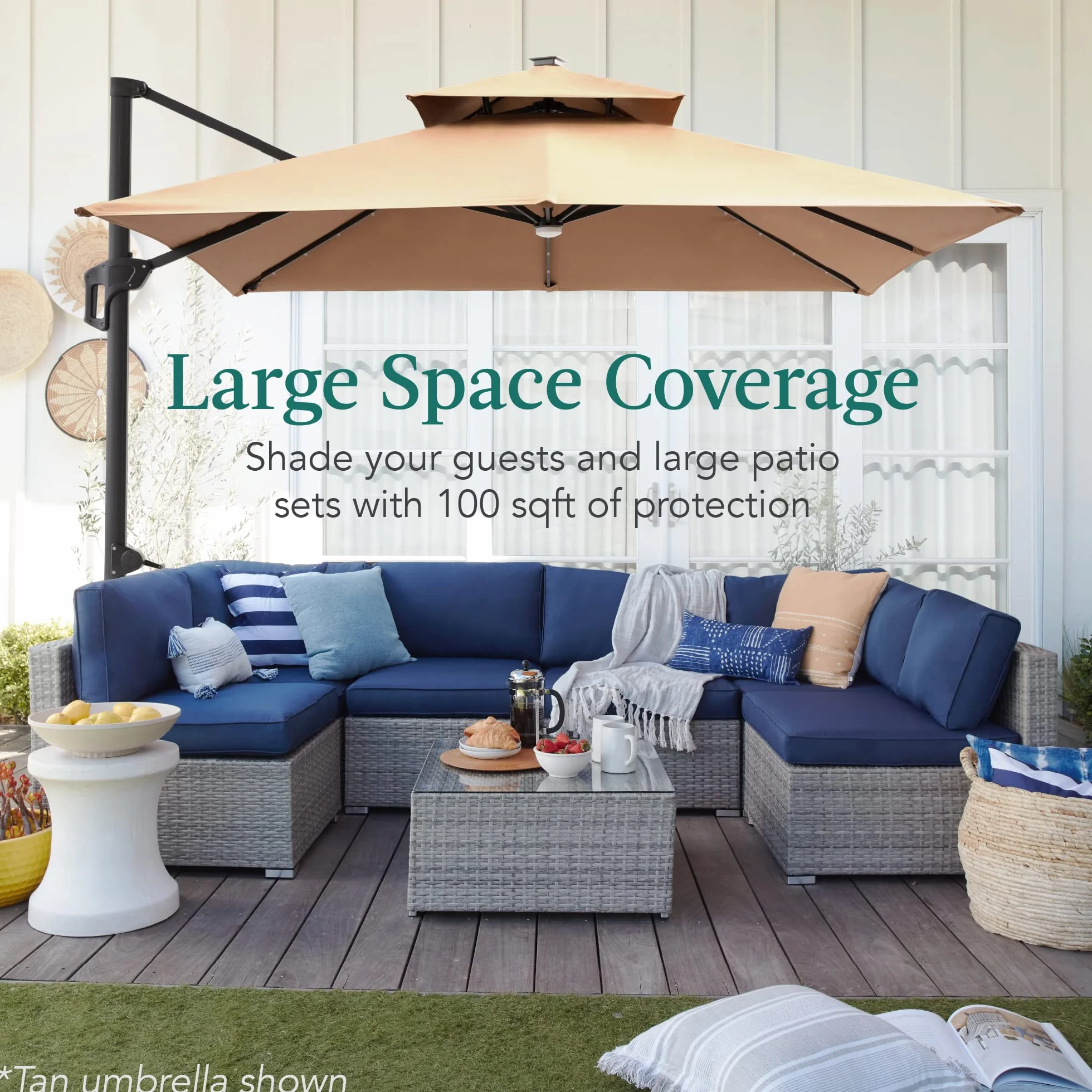 Best Choice Products 10x10ft Cantilever Patio Umbrella w/Base Included, Solar LED Lights 360 Rotation Large Offset Hanging Outdoor Shade for Deck Pool Backyard w/Stand – Tan