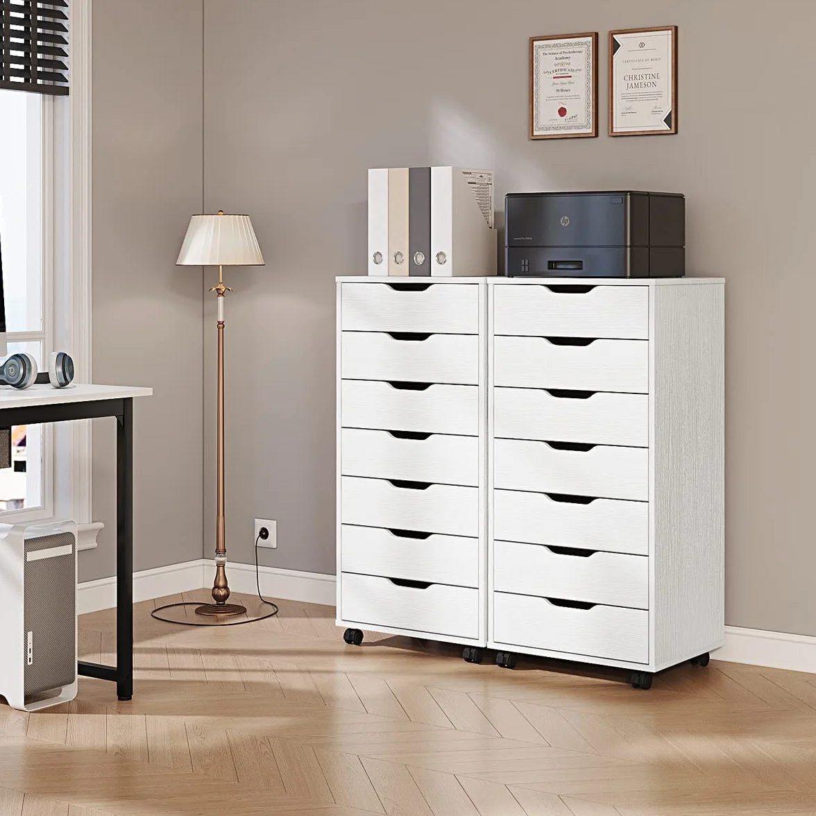 Panana 7 Drawer Mobile File Cabinet, Wooden Under Desk Storage with Wheels Office Organization Vertical Filing Chest of Drawers for Home Office (White)