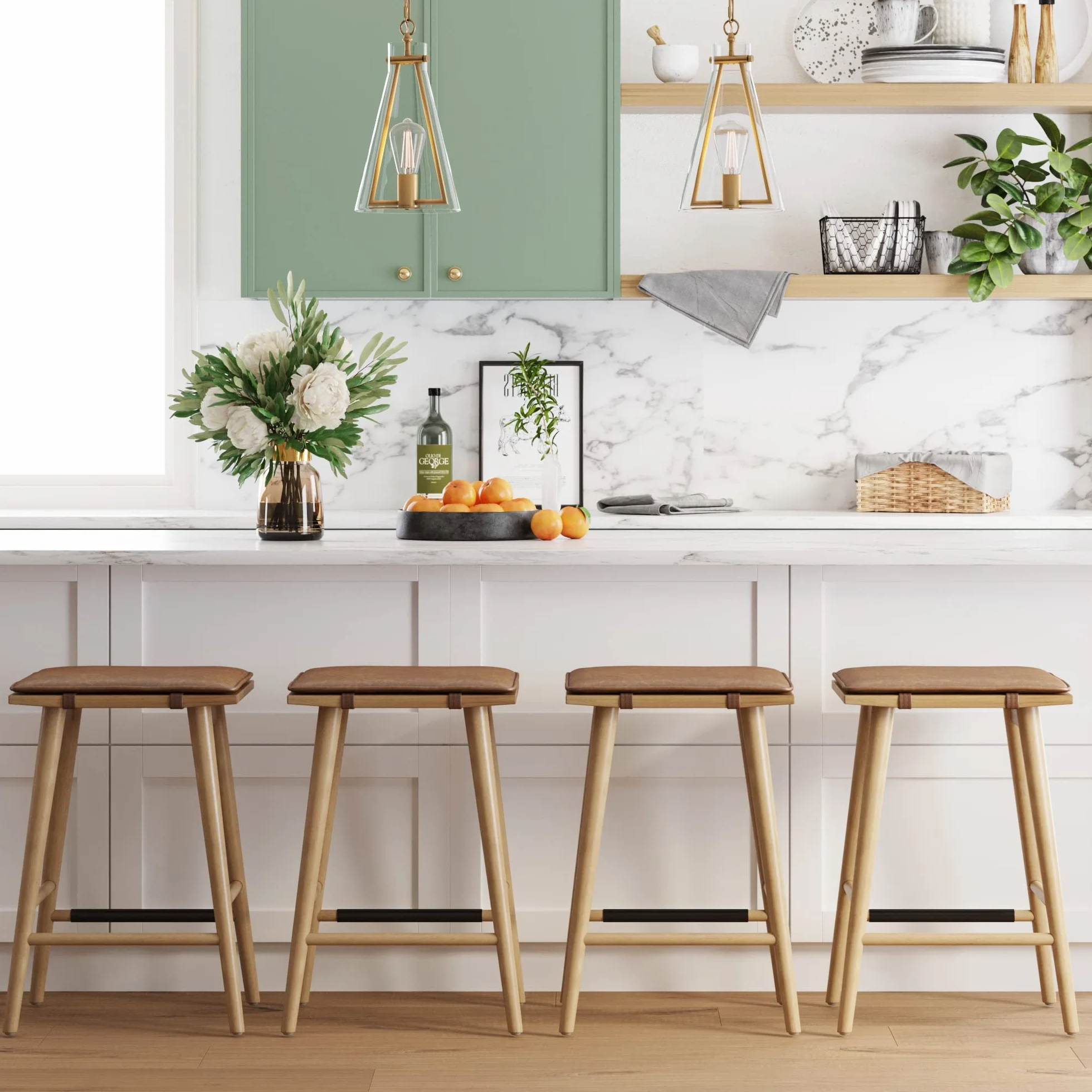 Nathan James Barker Classic Counter Height Wood Barstool with Leather Removable Cushion, Backless Island 24" Bar Stool for Kitchen, Chestnut Brown