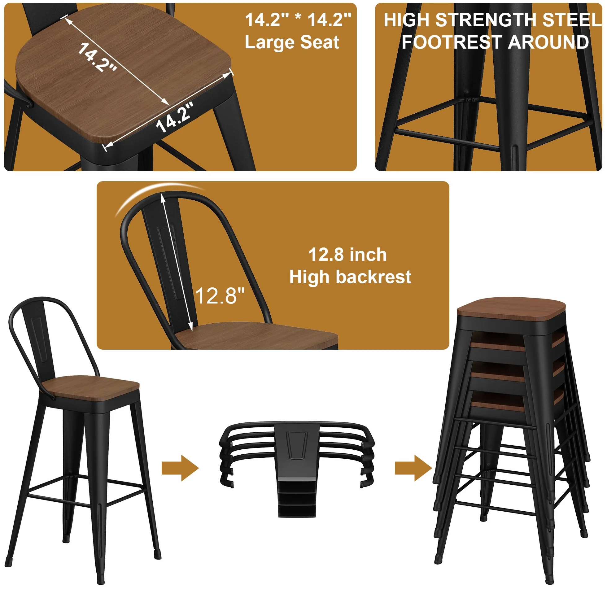 Metal Bar Stools Set of 4, 24" Counter Height with Backs, Black | Matte black metal frame barstools, Modern farmhouse high-back bar chairs, Larger seat for kitchen and dining islands