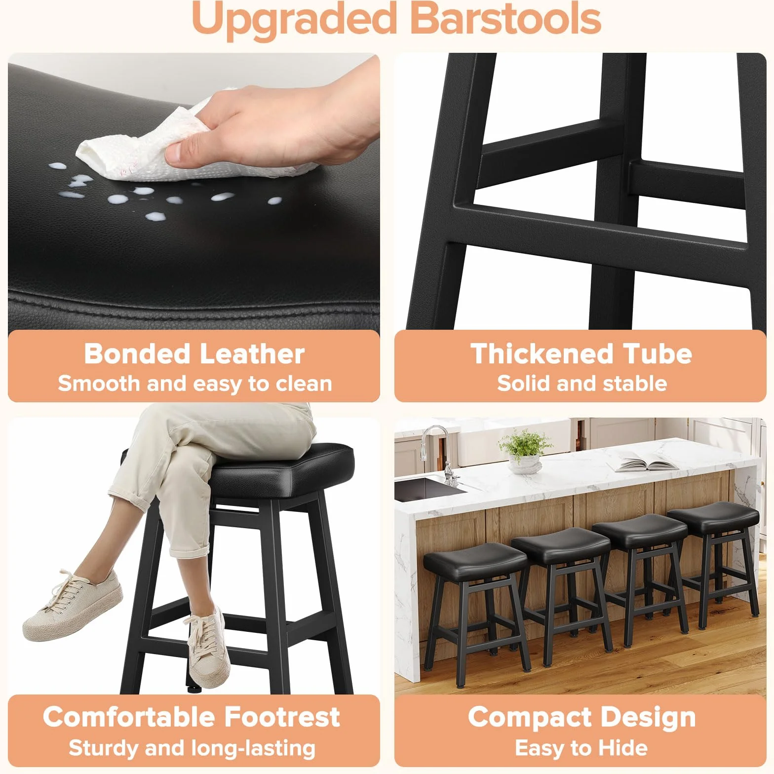 Raynesys 24 Inche Bonded Leather Counter Height Bar Stools Set of 2 Curved | Barstools with Curved Bonded Leather Seats & Heavy Duty Metal Legs for Kitchen Counter, Easy Assembly, All Black