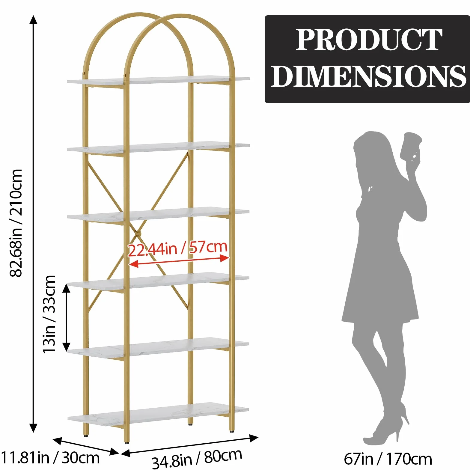 Arbuxzuy 6 Tier Bookshelf, 83" Tall Arched Bookcase, Tall Book Shelf with Metal Frame, Modern Display Standing Shelf for Living Room, Home Office, Bedroom, Gold