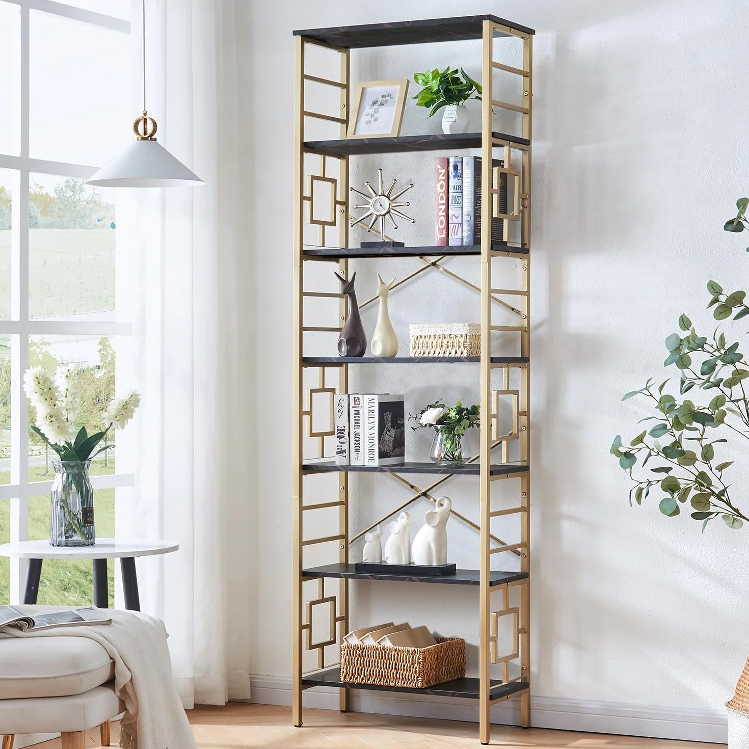 HOMISSUE Bookcase,7-Tier Tall Bookshelf Metal Bookcase and Bookshelves, Free Standing Storage Modern Bookshelf for Home Office Living Room and Bedroom, Black & Gold