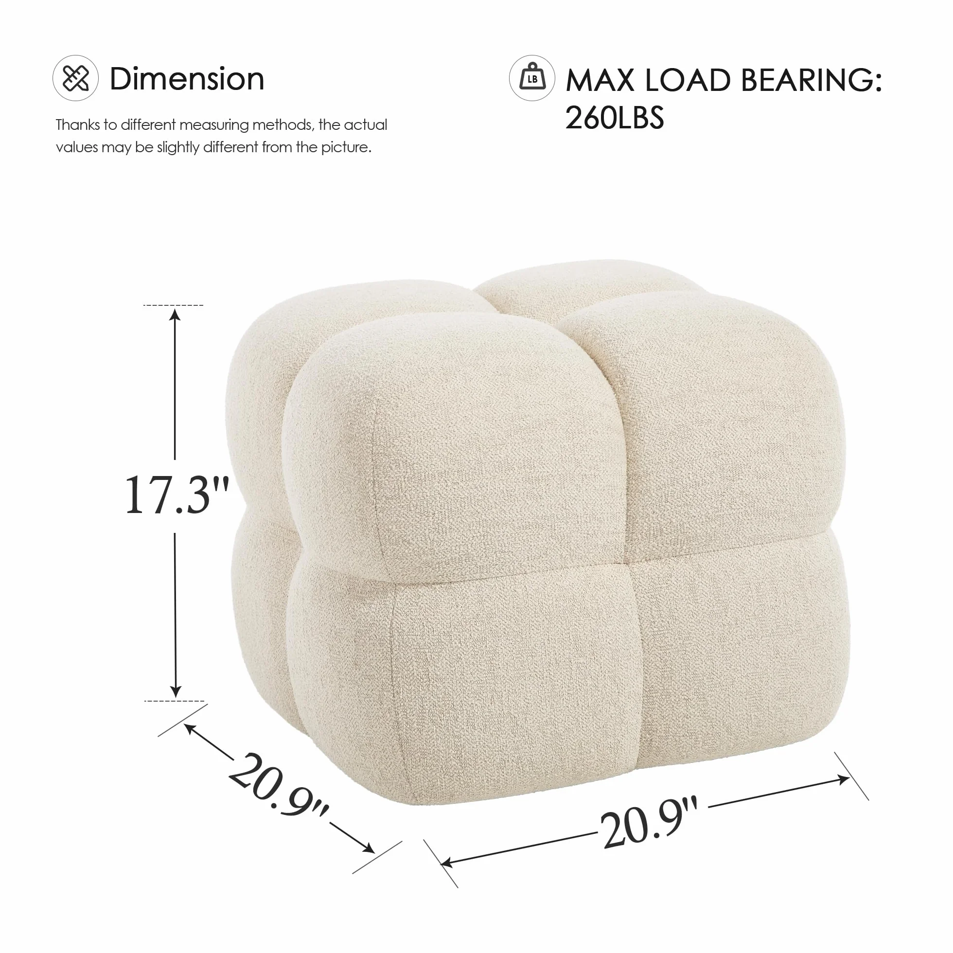 Zesthouse Square Pouf Ottoman Footstool, Modern Vanity Chair for Bedroom | Linen Fabric Foot Rest for Couch, Upholstered Tufted Footstool, Poofy Ottoman Seat for Living Room Dorm Fluffy Ottoman Beige