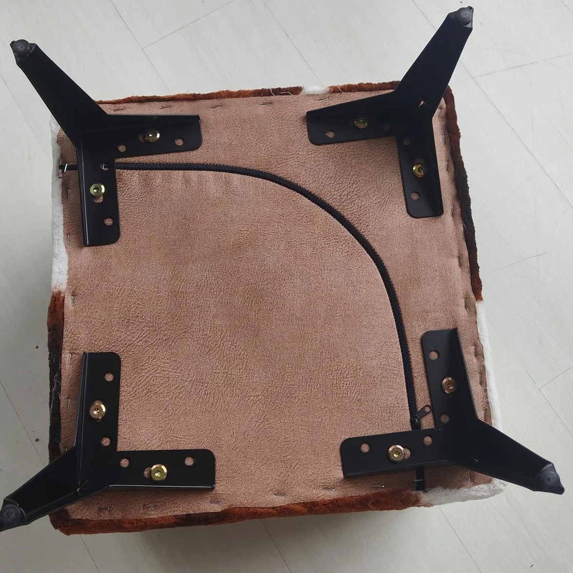 Brown Cow Print Ottoman, Faux Cowhide Footstool, Western Style | 16x16x17 Inch Cube Stool, Solid Metal Legs, Animal Print Ottoman, Farmhouse Decor for Living Room, Bedroom, Entryway