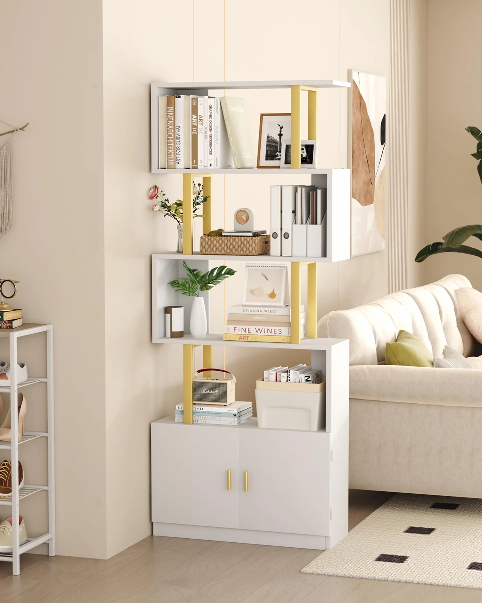 Yusong Geometric Bookcase with Cabinet, S Shaped Bookshelf 5-Tier Book Shelves for Bedroom, Modern Wood Decorative Display Shelf Tall Book Case for Home Office, Gold and White