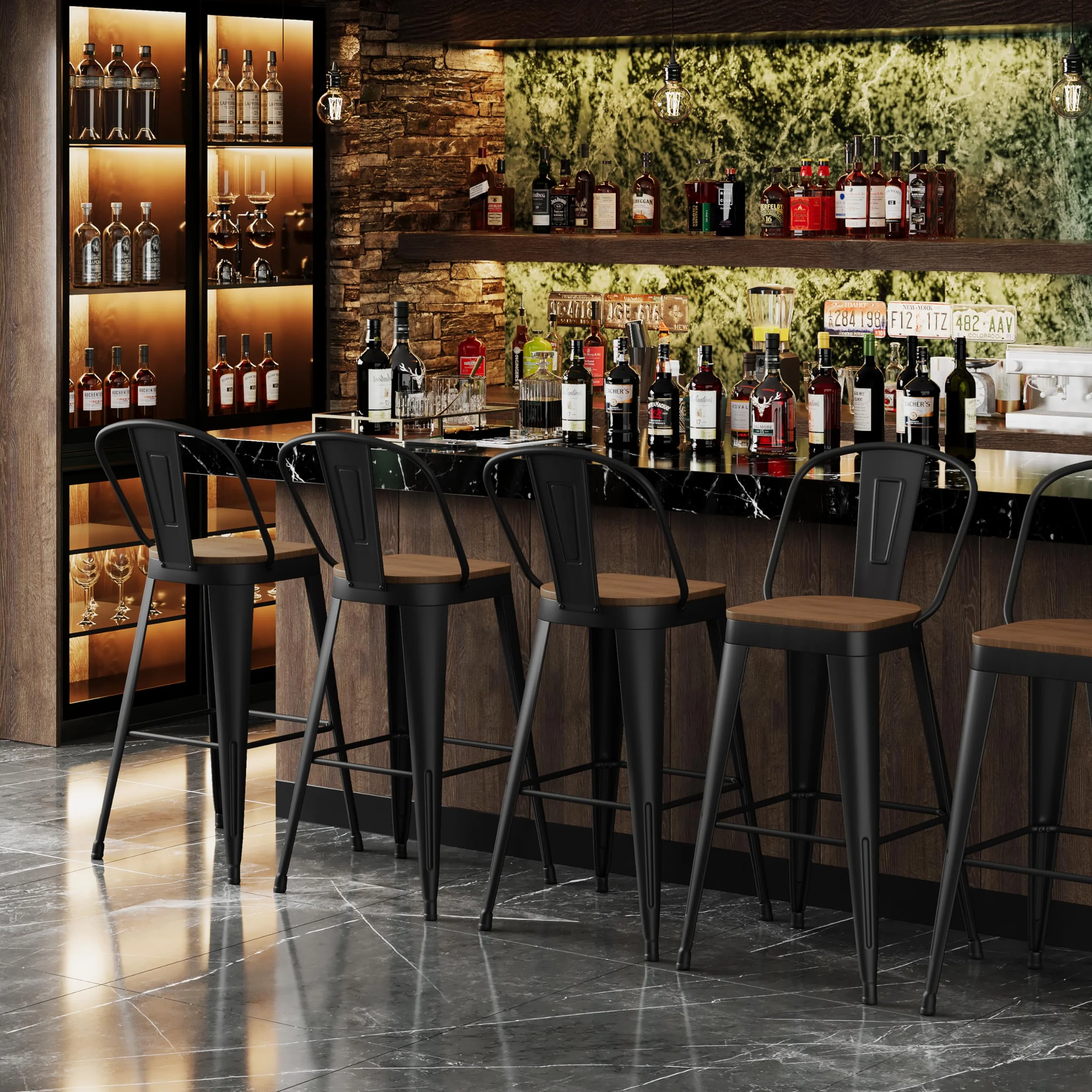 Metal Bar Stools Set of 4, 24" Counter Height with Backs, Black | Matte black metal frame barstools, Modern farmhouse high-back bar chairs, Larger seat for kitchen and dining islands