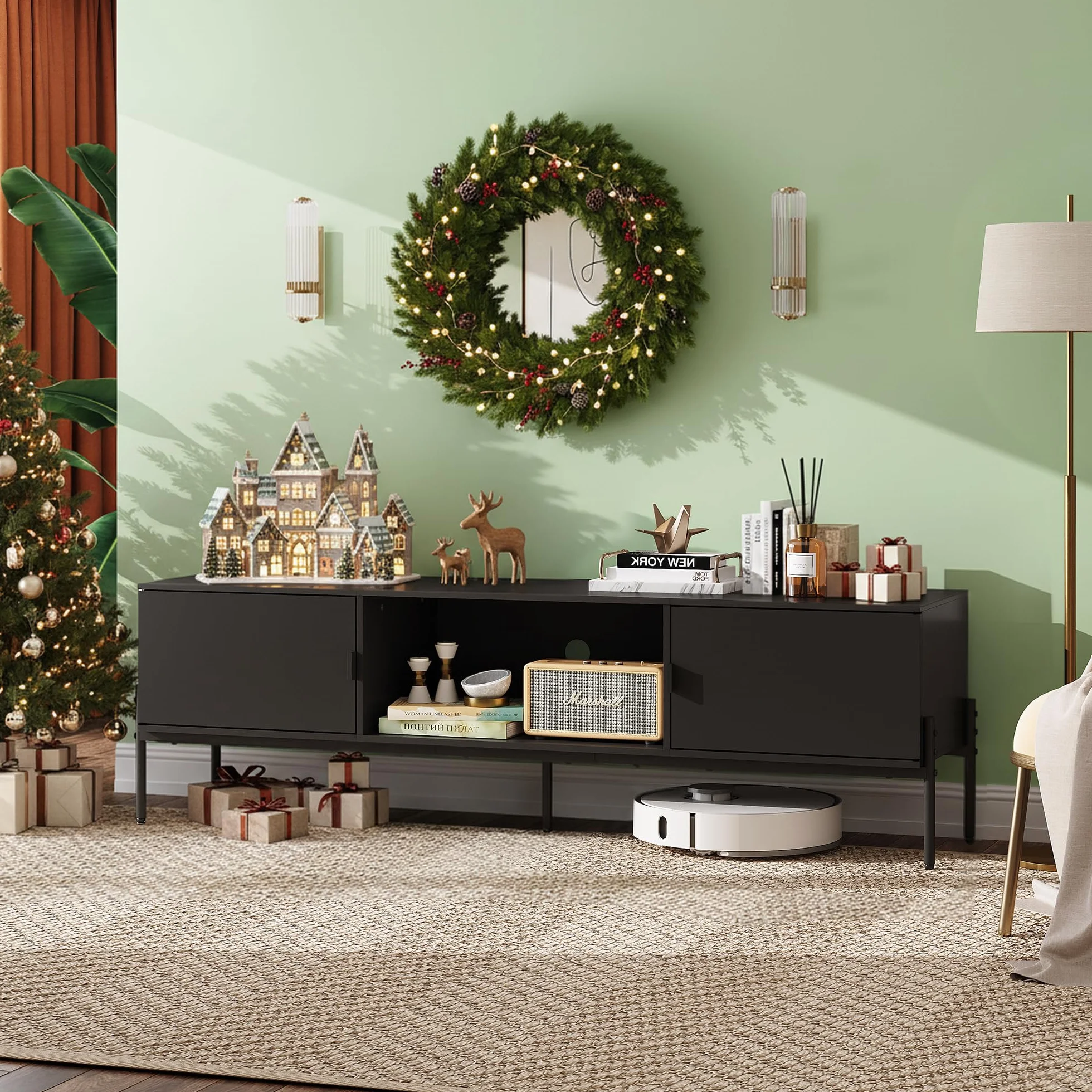 WLIVE 58" TV Stand for 65 Inch TVs, Mid Century Modern Entertainment Center with 2 Storage Cabinets & Open Shelf, Media Console Table with Metal Legs for Living Room, Bedroom, Black