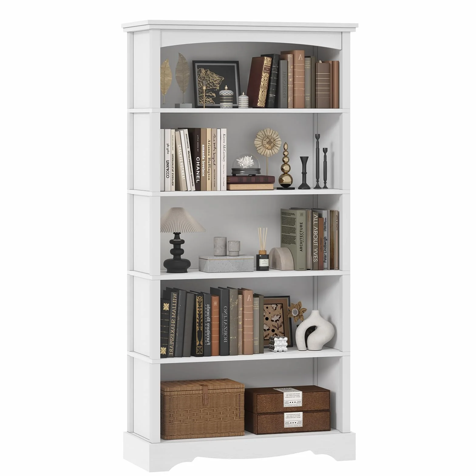 TVU 5-Tier Wooden Bookshelf, 31.5" W x 65" H ×9.9" D Bookshelf with Storage, Floor Standing Modern Style Display Bookcase for Living Room, Office, Study Room, Entryway, White