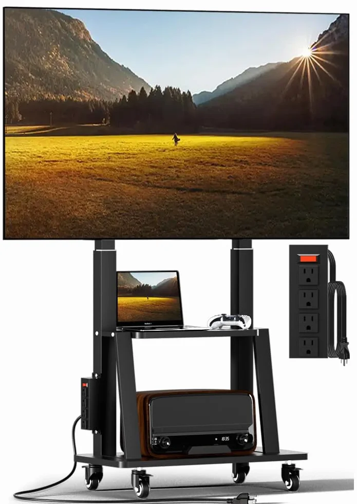 Mobile TV Cart with Power Outlet, Rolling TV Stand on Wheels for 32 to 65 70 75 83 inch TV, Height Adjustable,Holds up to 130LBS, Vesa 600×400mm.